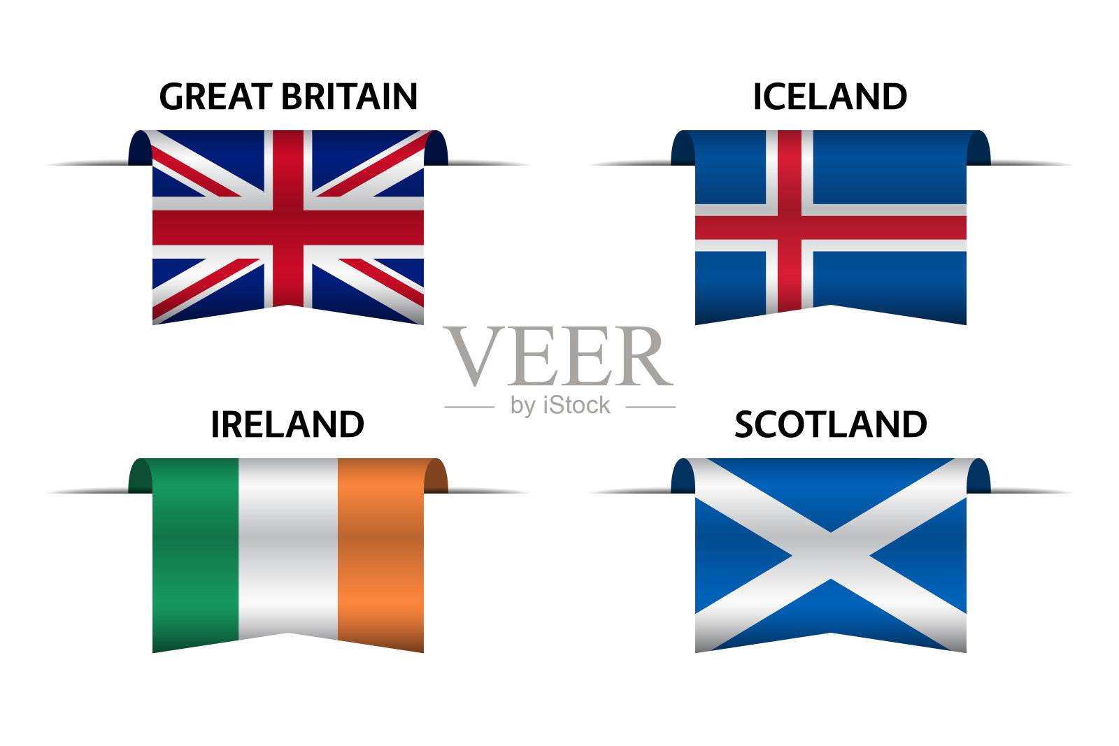 四套英国，冰岛，爱尔兰和苏格兰丝带。“英国制造”、“冰岛制造”、“爱尔兰制造”和“苏格兰制造”的贴纸和标签。带有旗帜的矢量简单图标插画图片素材