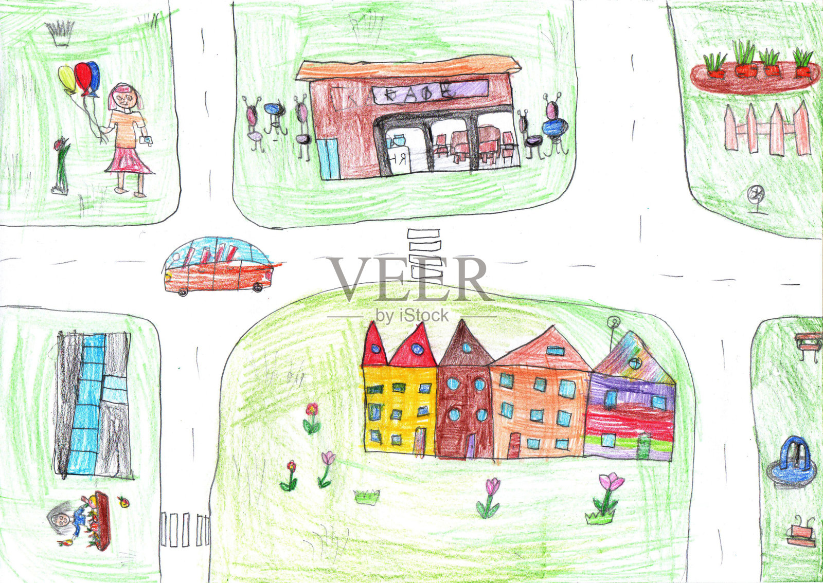 画建筑和汽车。幸福的家庭在散步。儿童风格的铅笔艺术插画图片素材