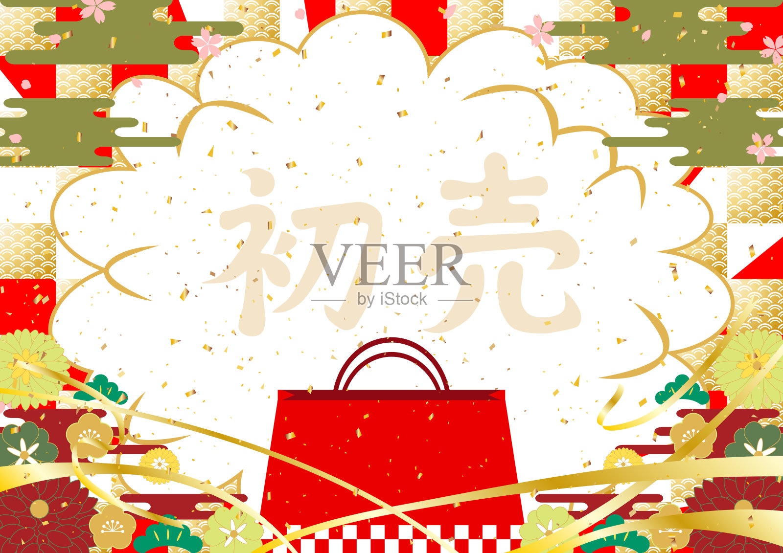 日本传统新年背景和汉字“首售”HATSU URI插画图片素材