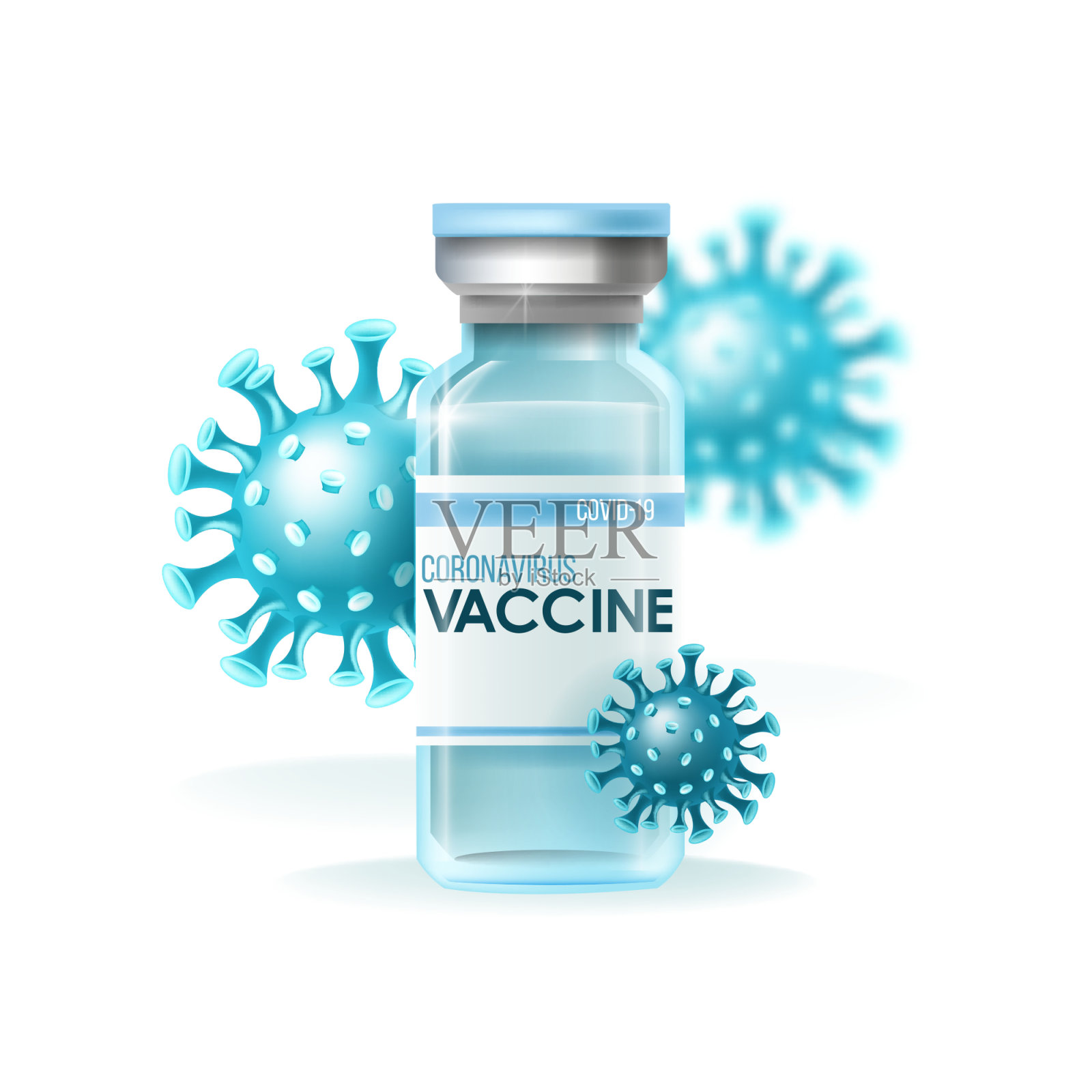 冠状病毒疫苗大流行医学载体概念，蓝色小瓶，白色背景上的疾病分子。插画图片素材