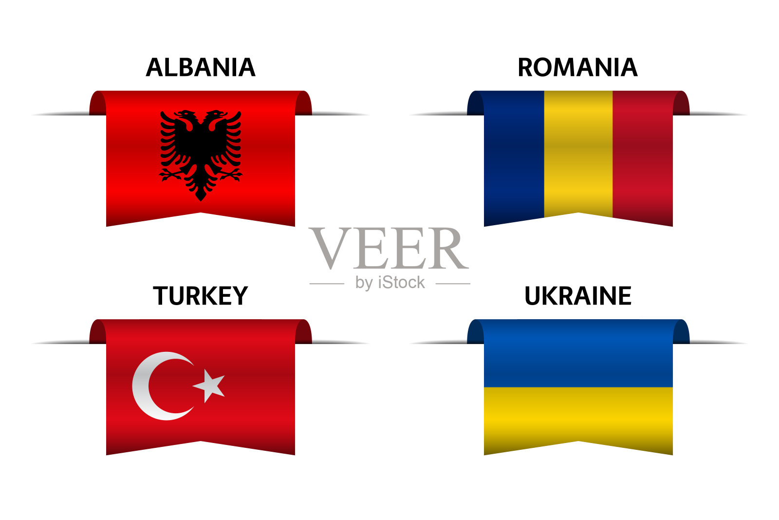 一套四阿尔巴尼亚，罗马尼亚，土耳其和乌克兰丝带。阿尔巴尼亚制造、罗马尼亚制造、土耳其制造和乌克兰制造的贴纸和标签。带有旗帜的矢量简单图标设计元素图片