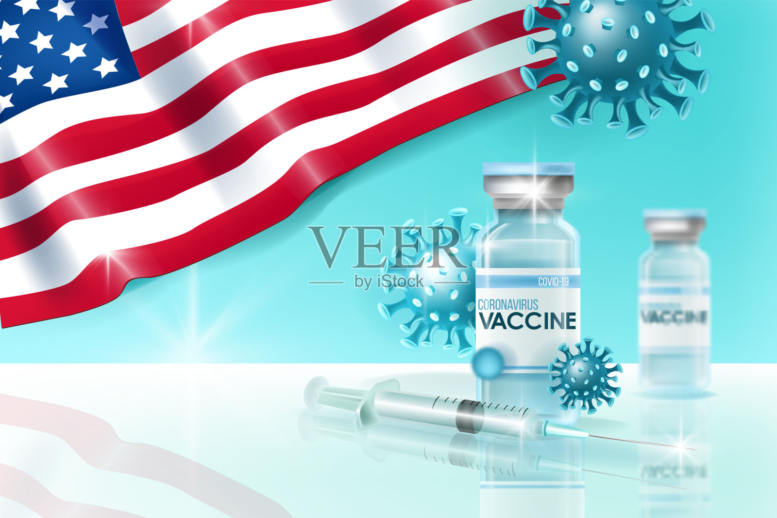 冠状病毒疫苗大流行概念与医疗注射器，美国国旗，烧瓶，小瓶，COVID-19疾病分子。插画图片素材