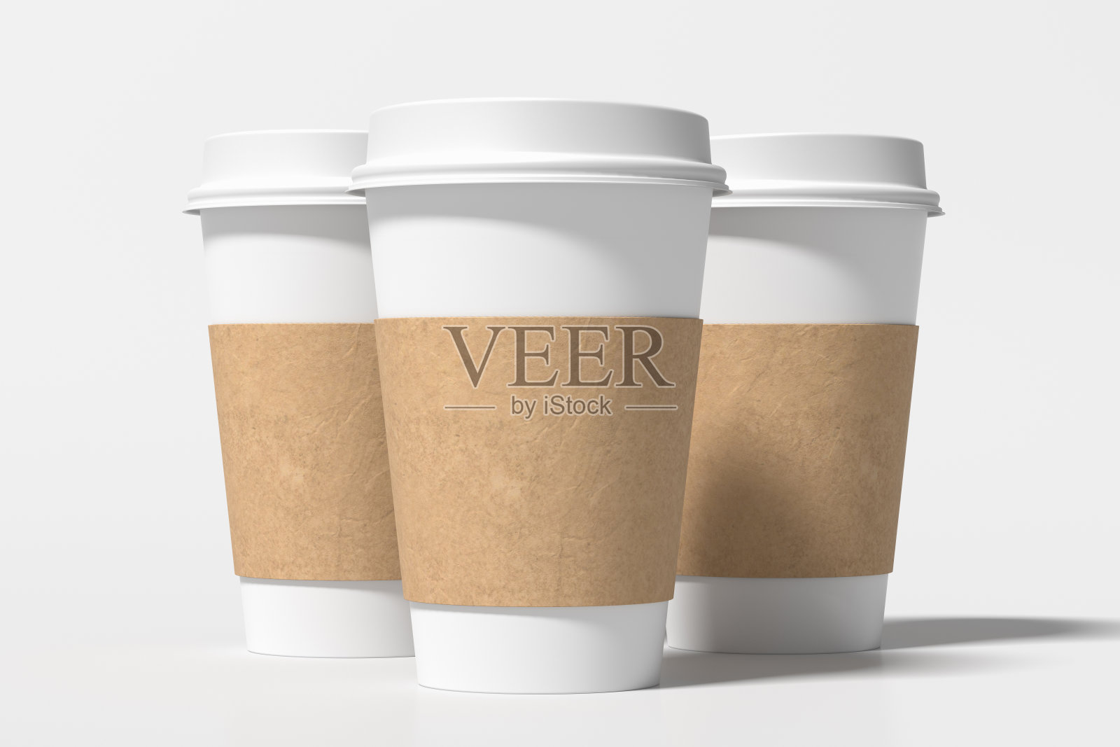 三白色带走咖啡纸杯模拟与白色的盖子在白色的背景。照片摄影图片