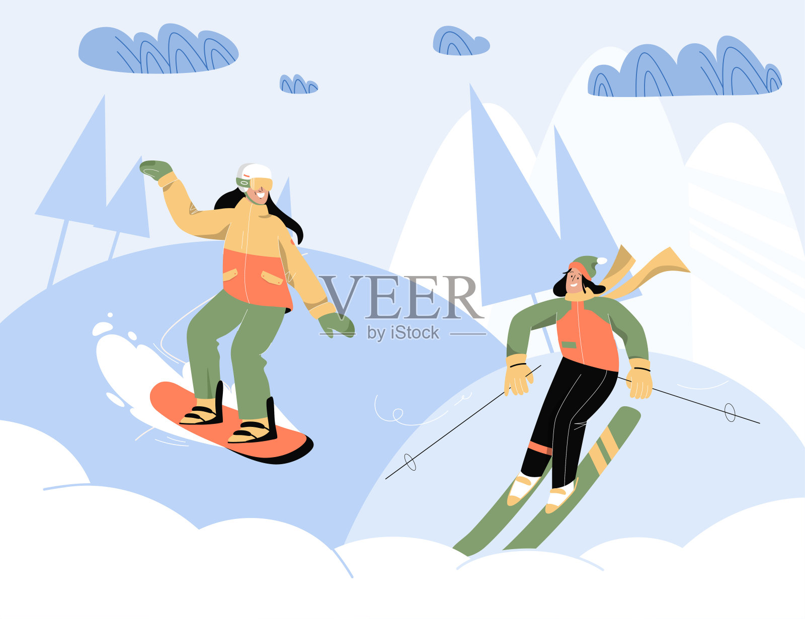 快乐的女人在户外做冬季运动插画图片素材