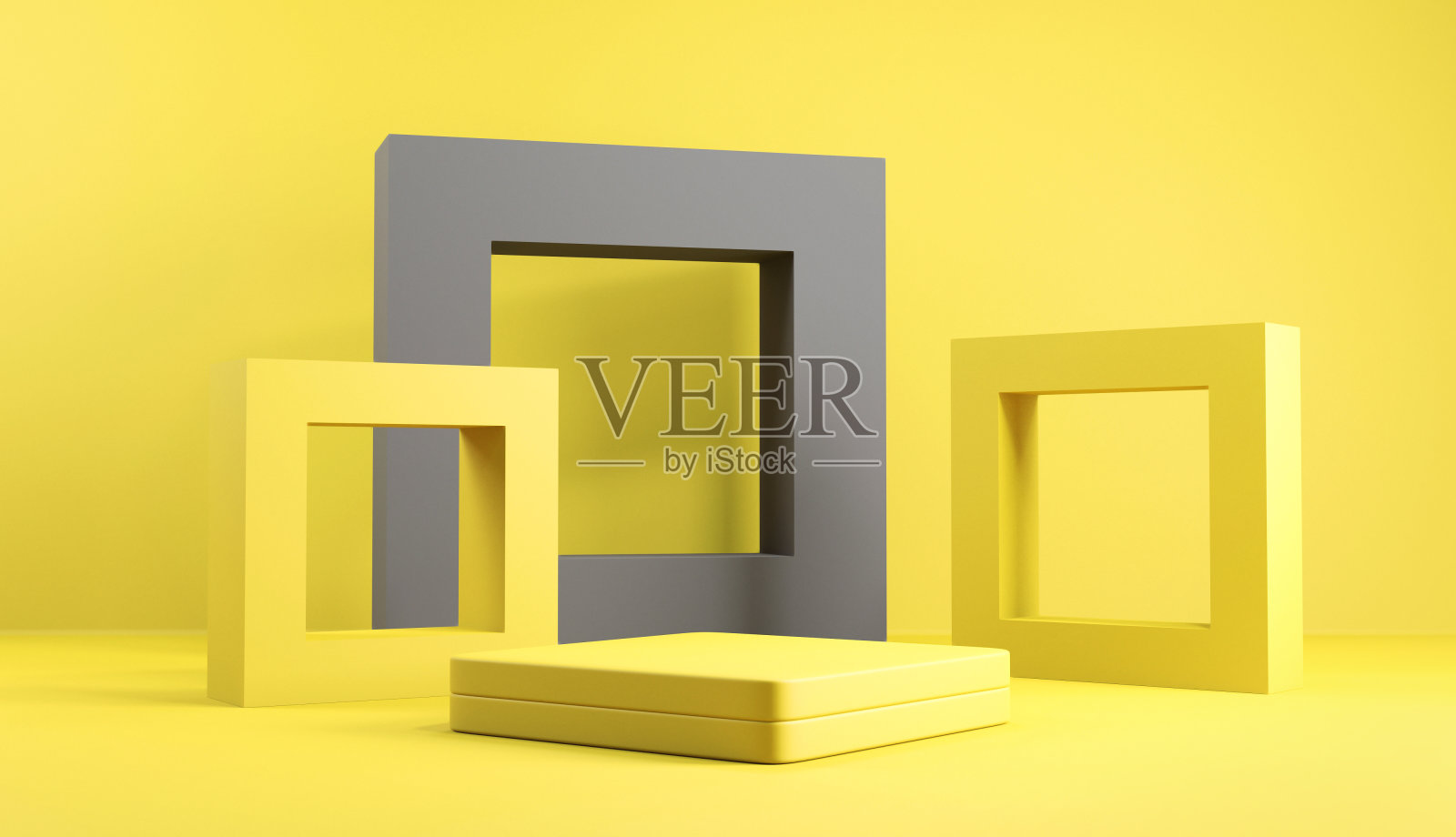 抽象的最小场景与几何形式。方块讲台舞台在黄色和灰色的背景。照片摄影图片