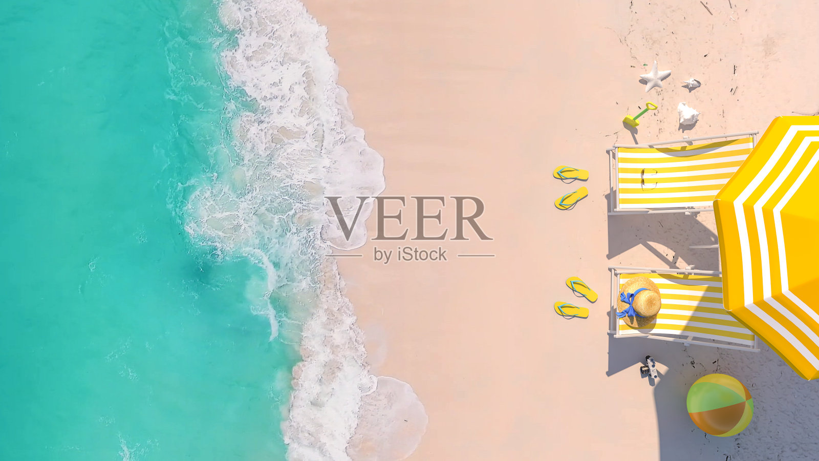 俯视图，海滩旅游暑假度假概念背景与复制空间，3d渲染照片摄影图片