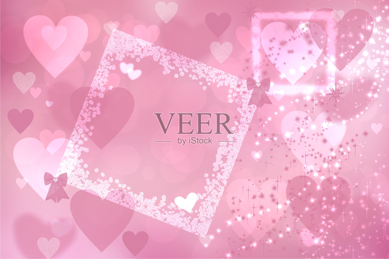 抽象的节日模糊亮粉色粉彩背景与框架和白色粉色心散景为情人节，母亲节或婚礼贺卡。空间设计。卡的概念。插画图片素材