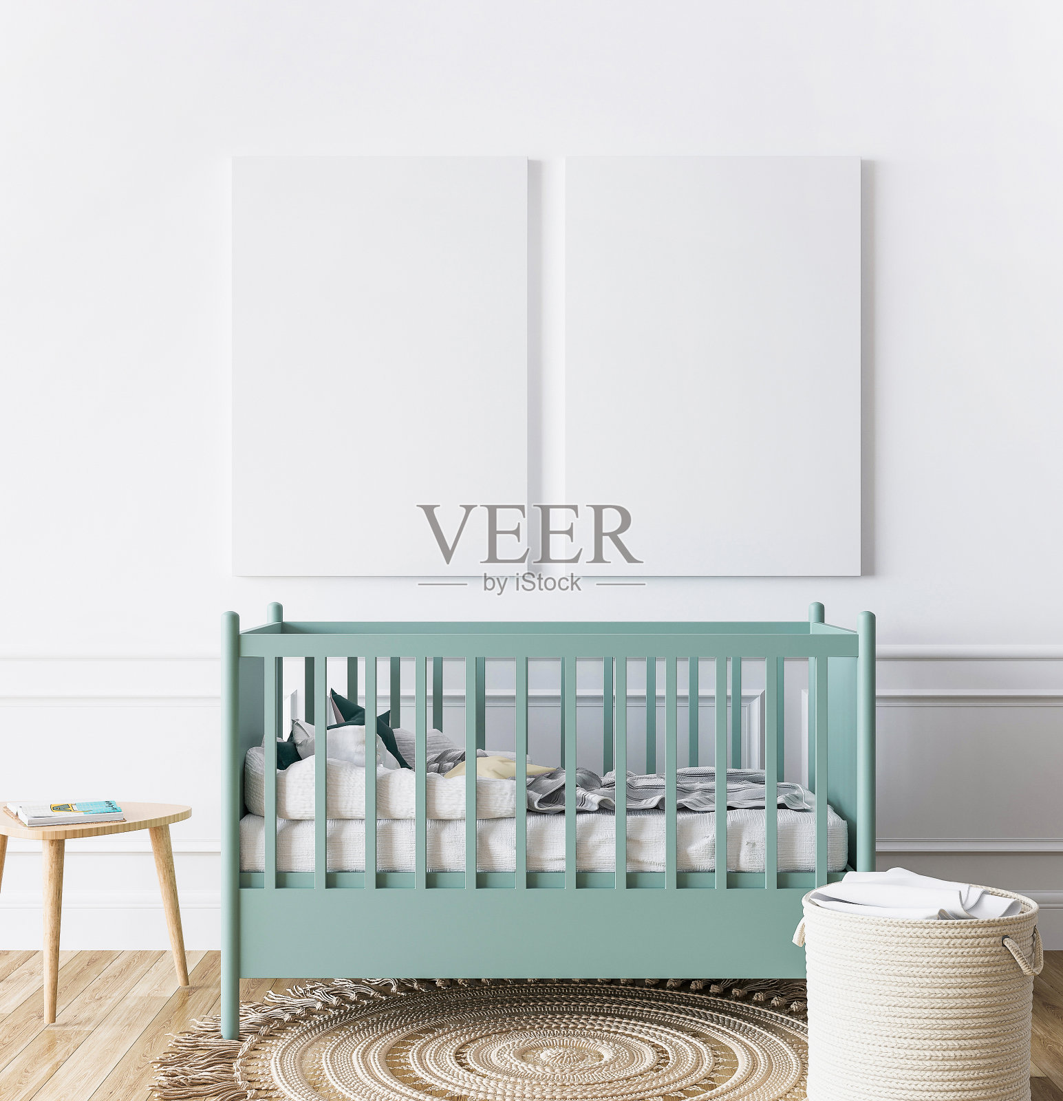 新生婴儿卧室的海报框，极简的室内设计和淡绿色的婴儿床照片摄影图片