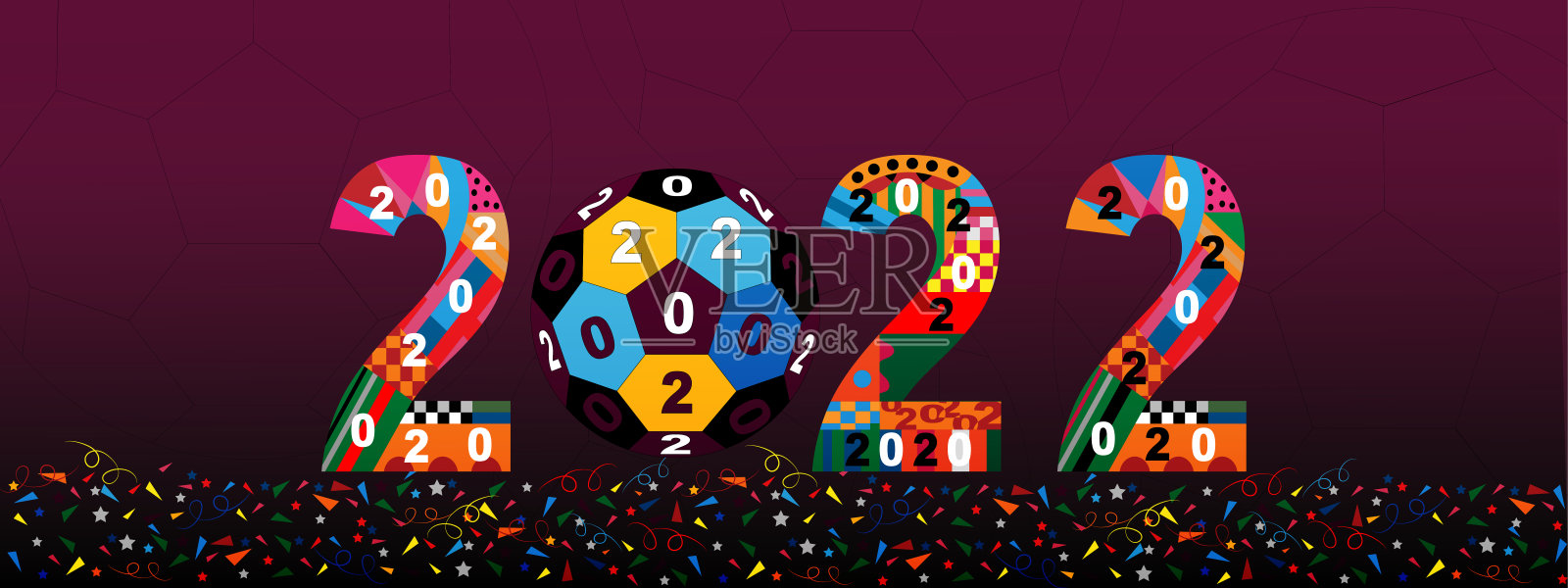 2022年新年快乐，足球色彩缤纷。Typography text 2020字体，几何风格，深红色背景，为问候字母创意设计，卡塔尔新年快乐插画图片素材