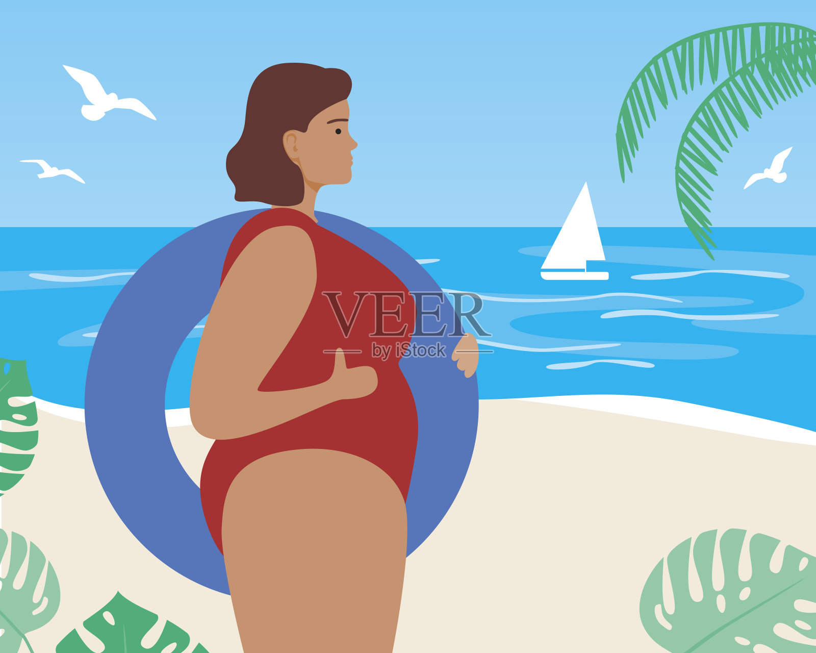 加大尺寸的女人，救生圈，海滨度假，平面矢量股票插图海滩度假与热带树叶，棕榈树插画图片素材