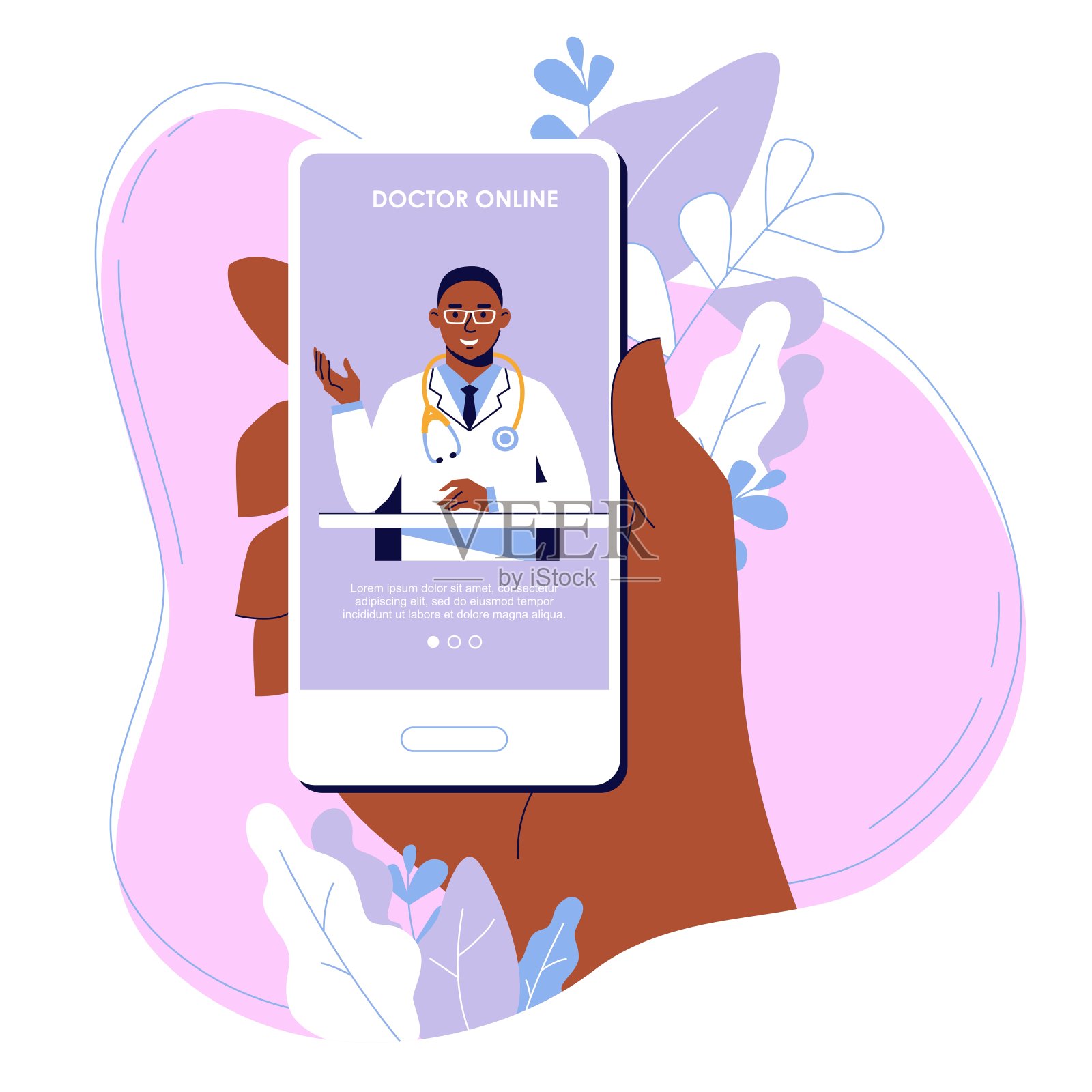 在线医学概念与黑人医生和智能手机应用程序。插画图片素材