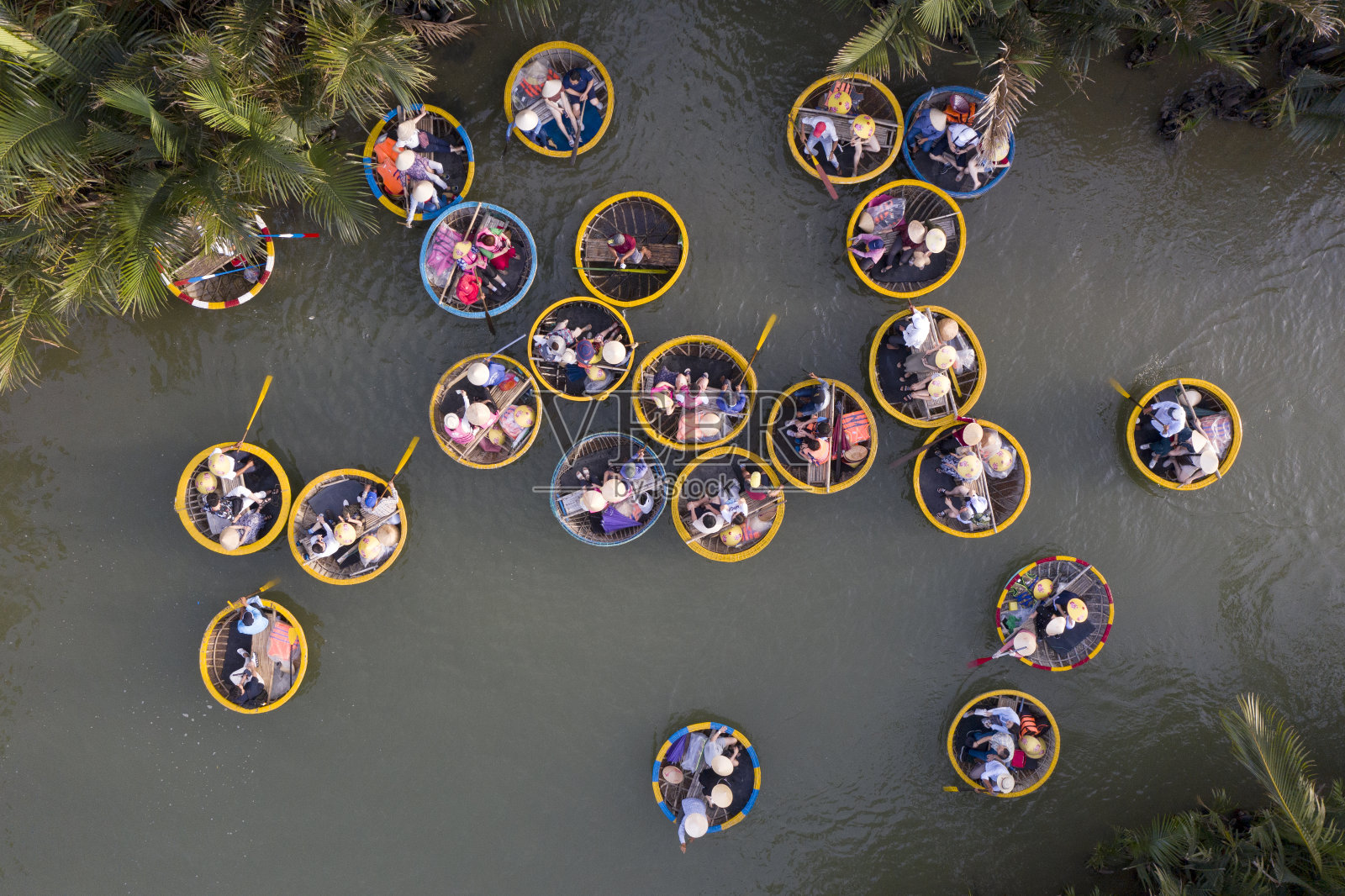鸟瞰图，在越南广南会安Cam Thanh村的椰子水(红树林棕榈)森林，游客乘坐篮子船游览照片摄影图片