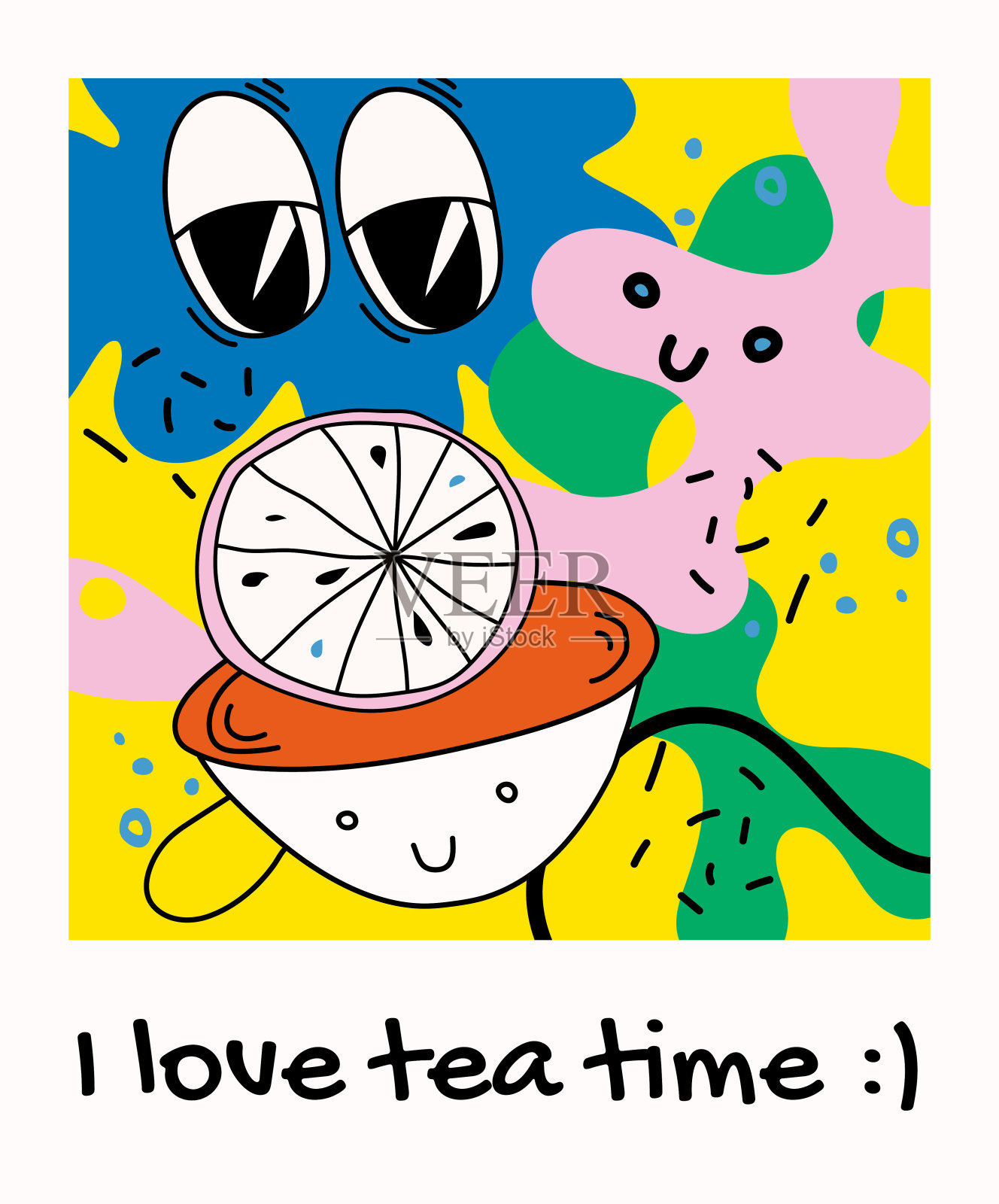我喜欢喝茶的时间。快乐的柠檬茶杯插画图片素材