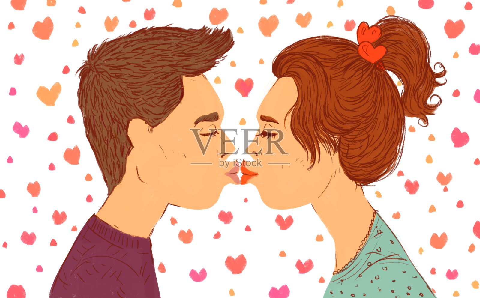 一对夫妇的卡通插图，一个年轻的女孩和一个男孩在亲吻。初恋，初吻，女孩和男孩。插画图片素材
