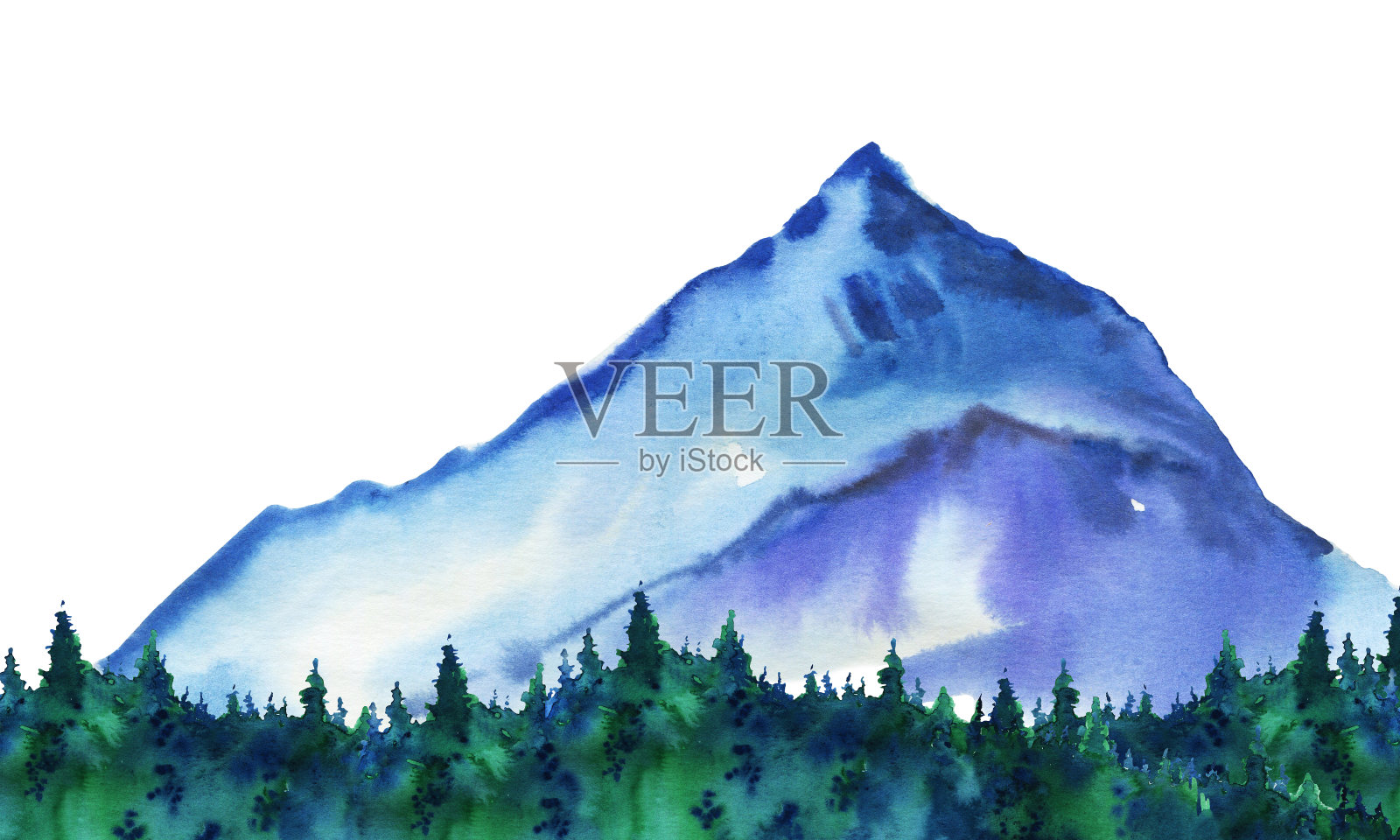 手绘水彩景观与山和杉木。素描插图孤立的白色背景插画图片素材
