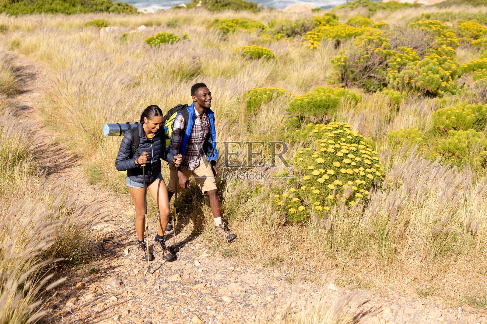 适合的非洲裔美国夫妇穿着背包北欧与杆在山区乡村行走照片摄影图片