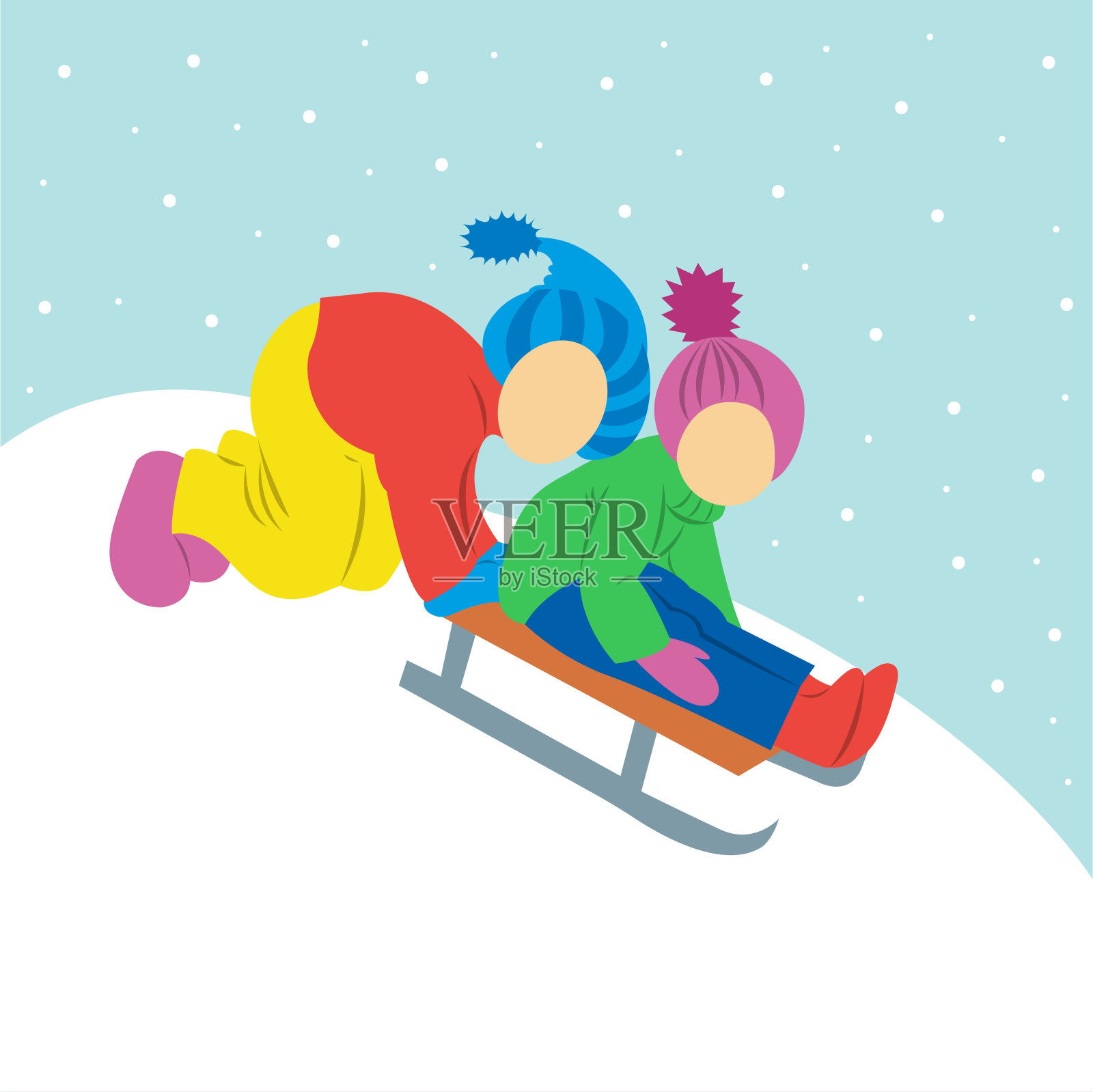 孩子们玩雪橇。下雪。矢量插图孤立。插画图片素材