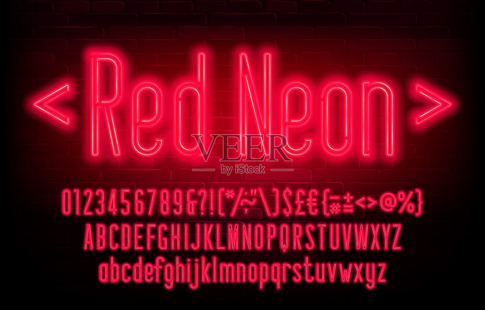 红色霓虹字母字体。霓虹灯将字母、数字和符号浓缩了起来。大写和小写字母。插画图片素材