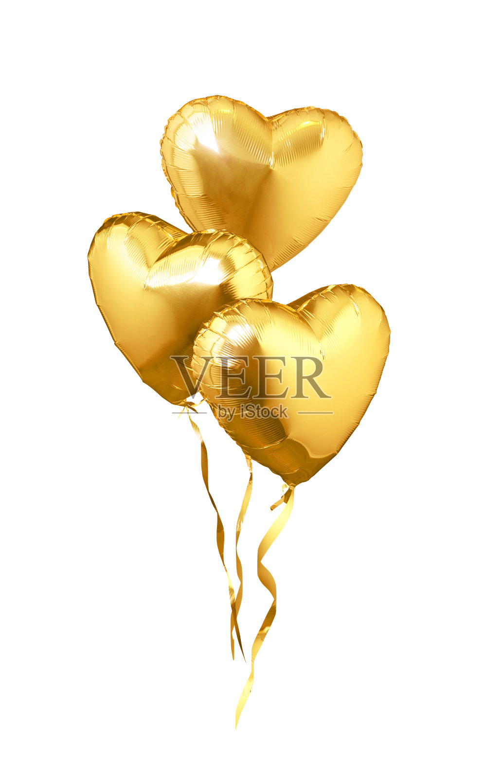 放飞心形的金色气球。在白色背景上隔离照片摄影图片