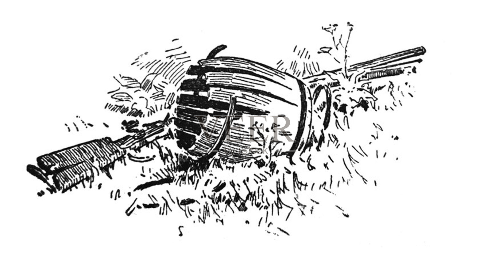 古董插图-瑞普·凡·温克尔-霰弹枪的破桶在草地上插画图片素材