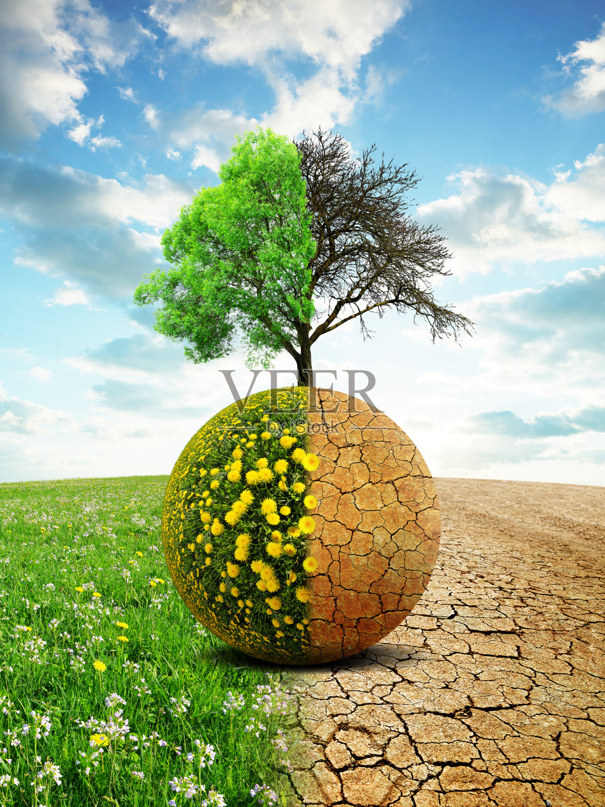 葱郁而干燥的星球上有树。气候变化的概念。照片摄影图片