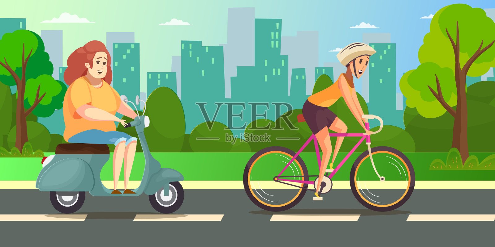 苗条和肥胖的女人骑摩托车和脚踏车插画图片素材