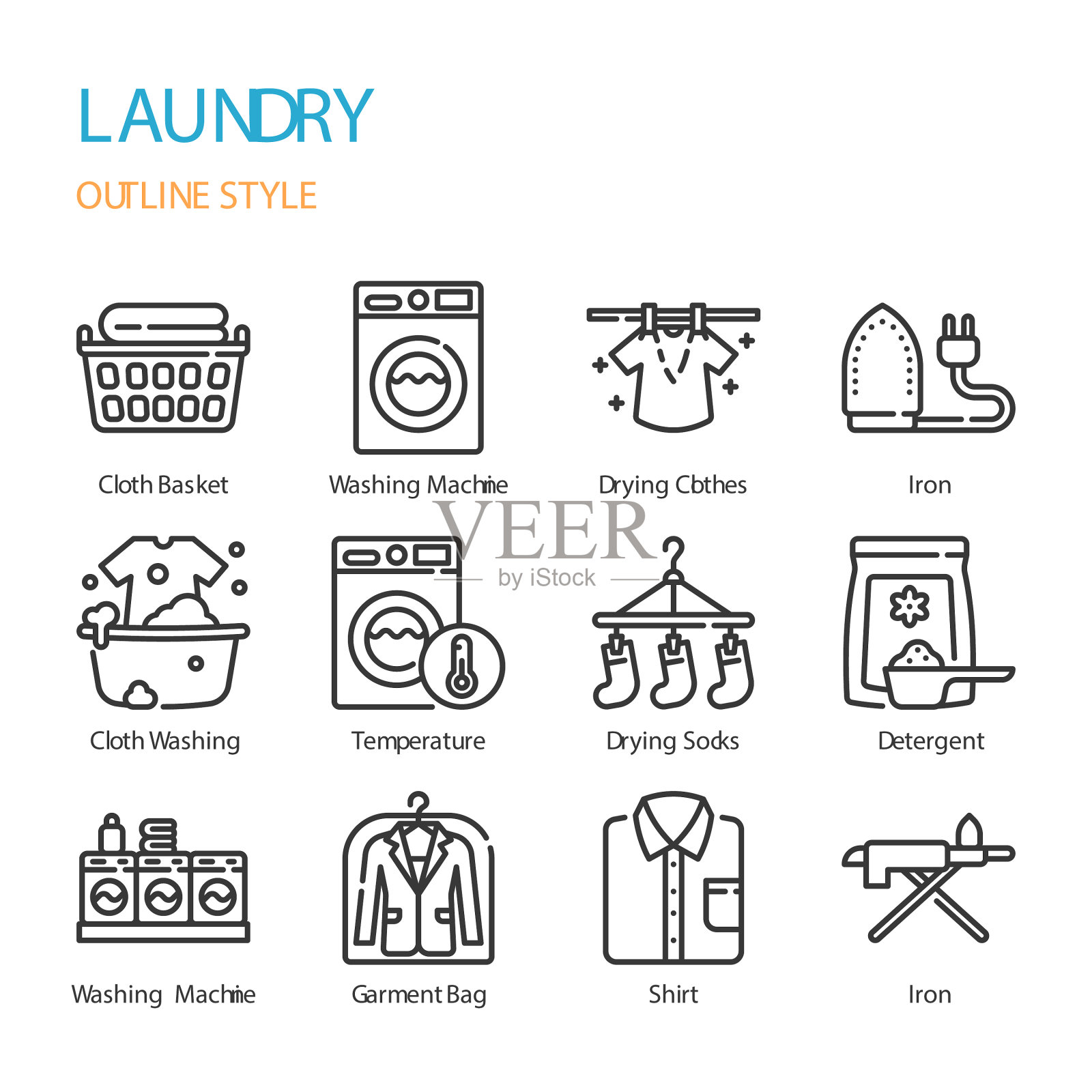 洗衣的轮廓图标和符号集图标素材