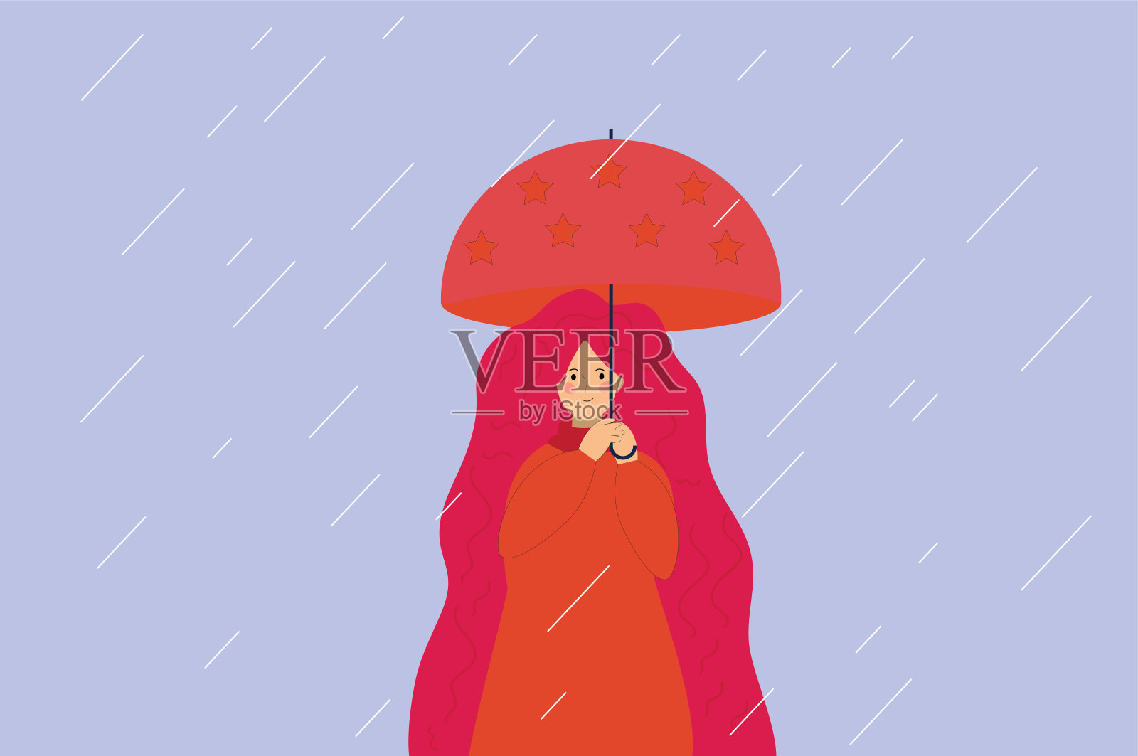 幸福的女人一手撑着一把伞。快乐的女孩，喜欢雨和可爱的微笑。彩色矢量插图在平面设计风格。插画图片素材