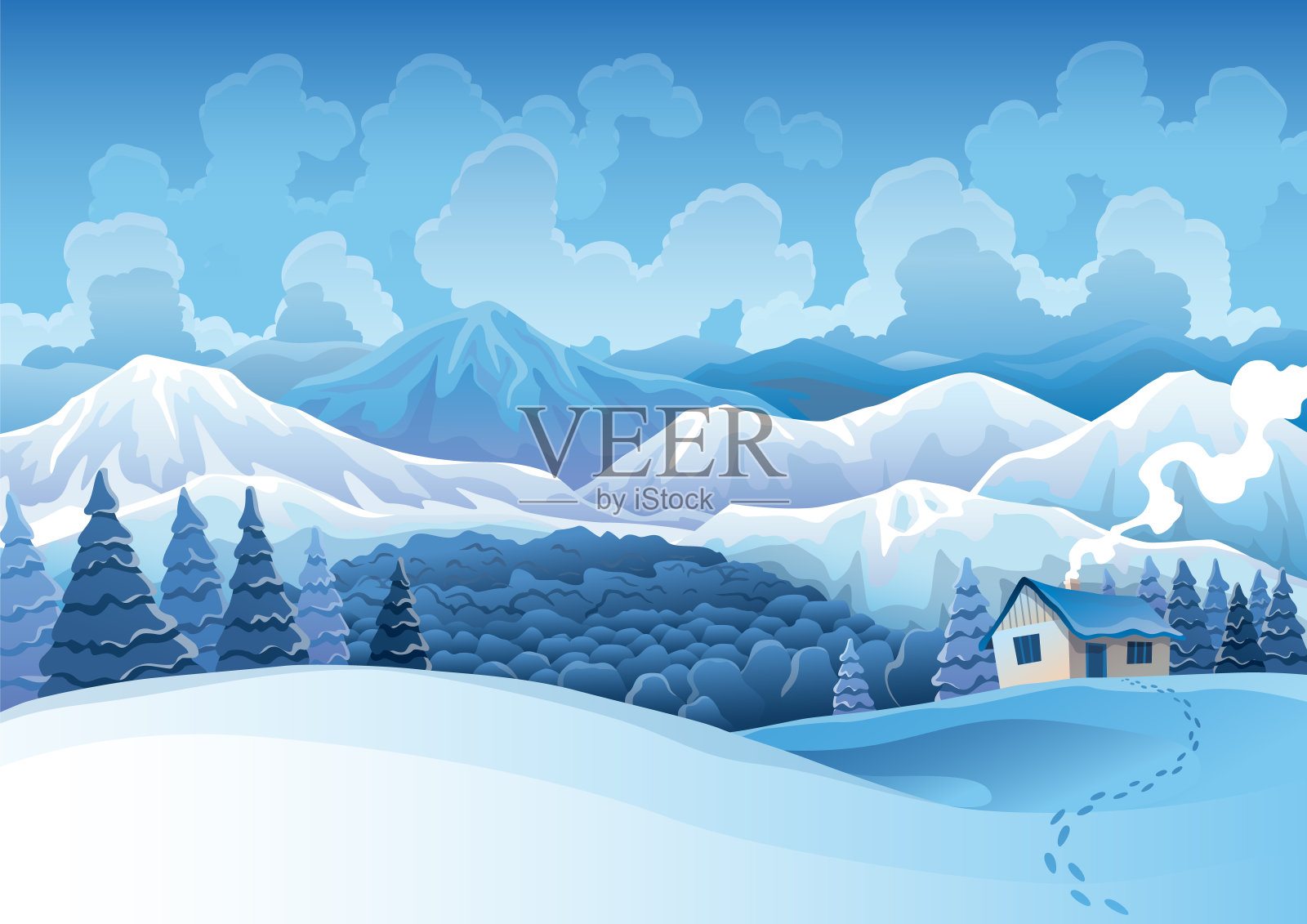 冬季山脉雪景与松林和丘陵的背景。白雪覆盖的田野的矢量图，上面有房子和走到它的痕迹。水平自然场景插画图片素材