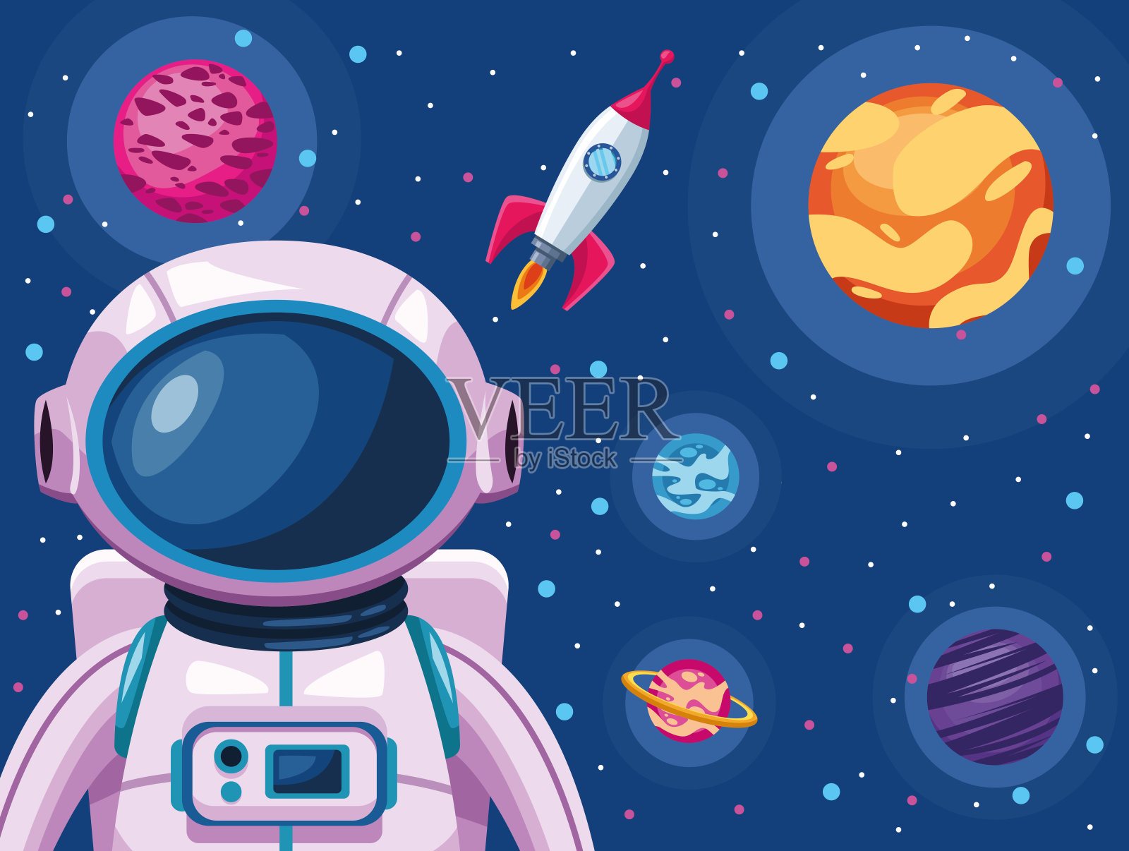 宇航员与宇宙飞船和行星太空宇宙场景插画图片素材