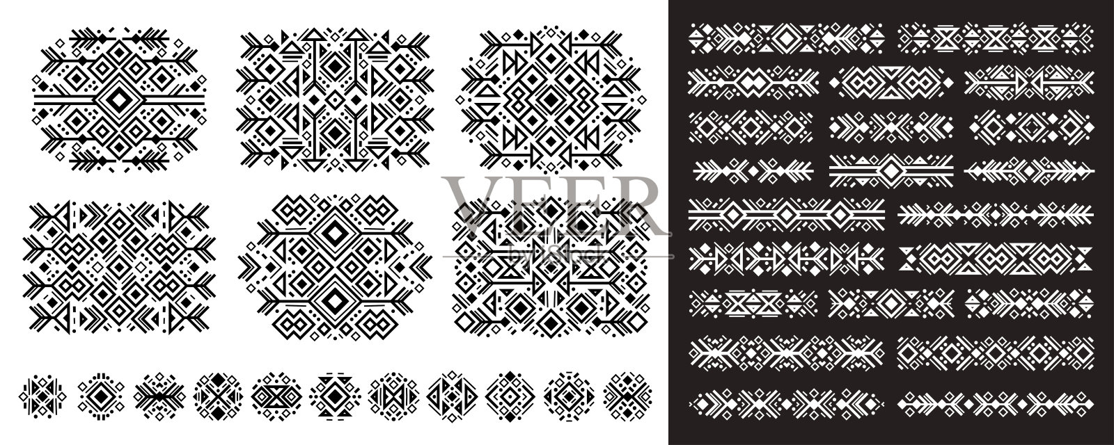 波西米亚风格的纳瓦霍元素在白色和bla上插画图片素材
