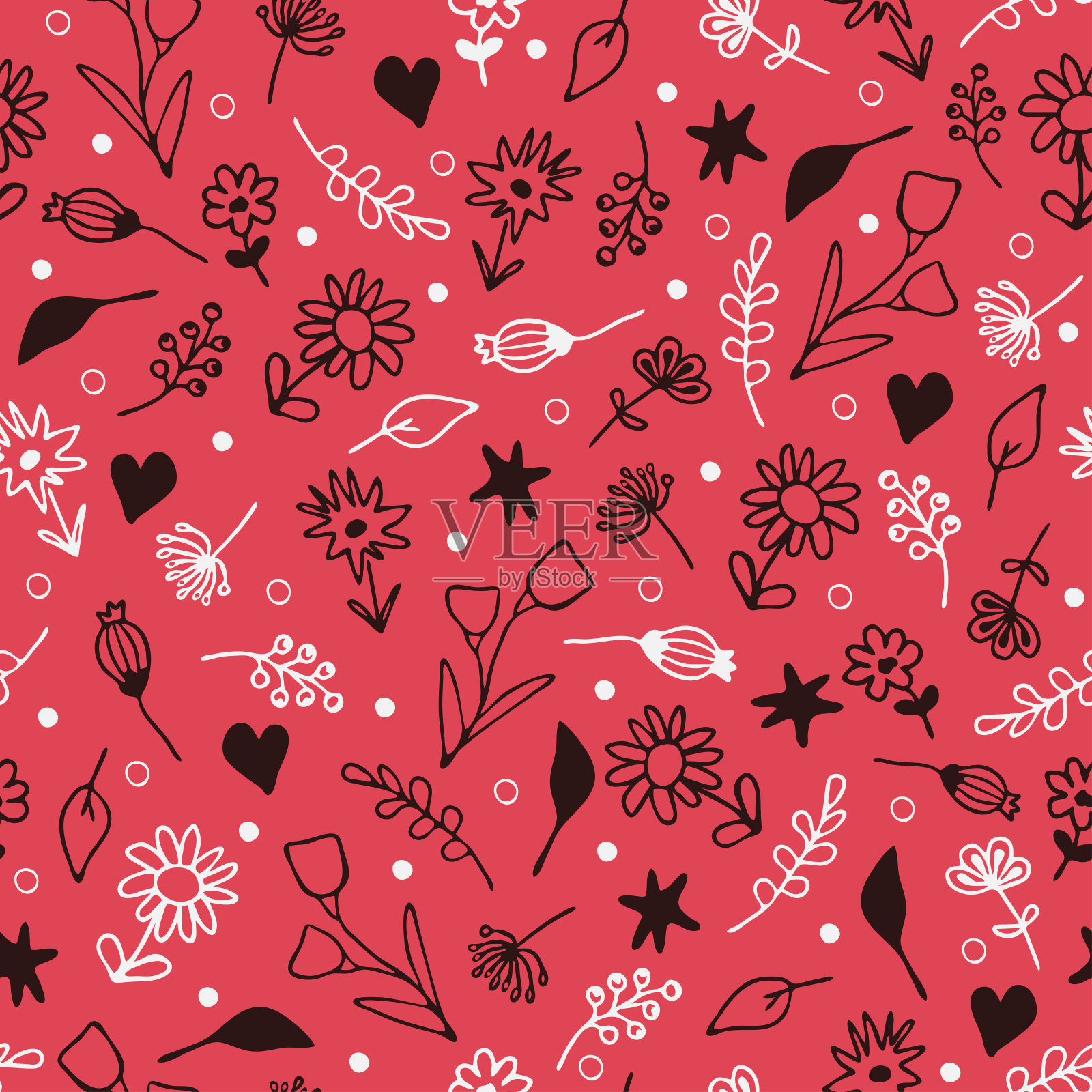 无缝矢量模式与小手绘花在粉红色的背景。简单的复古花墙纸设计。夏季草甸时装纺织。插画图片素材
