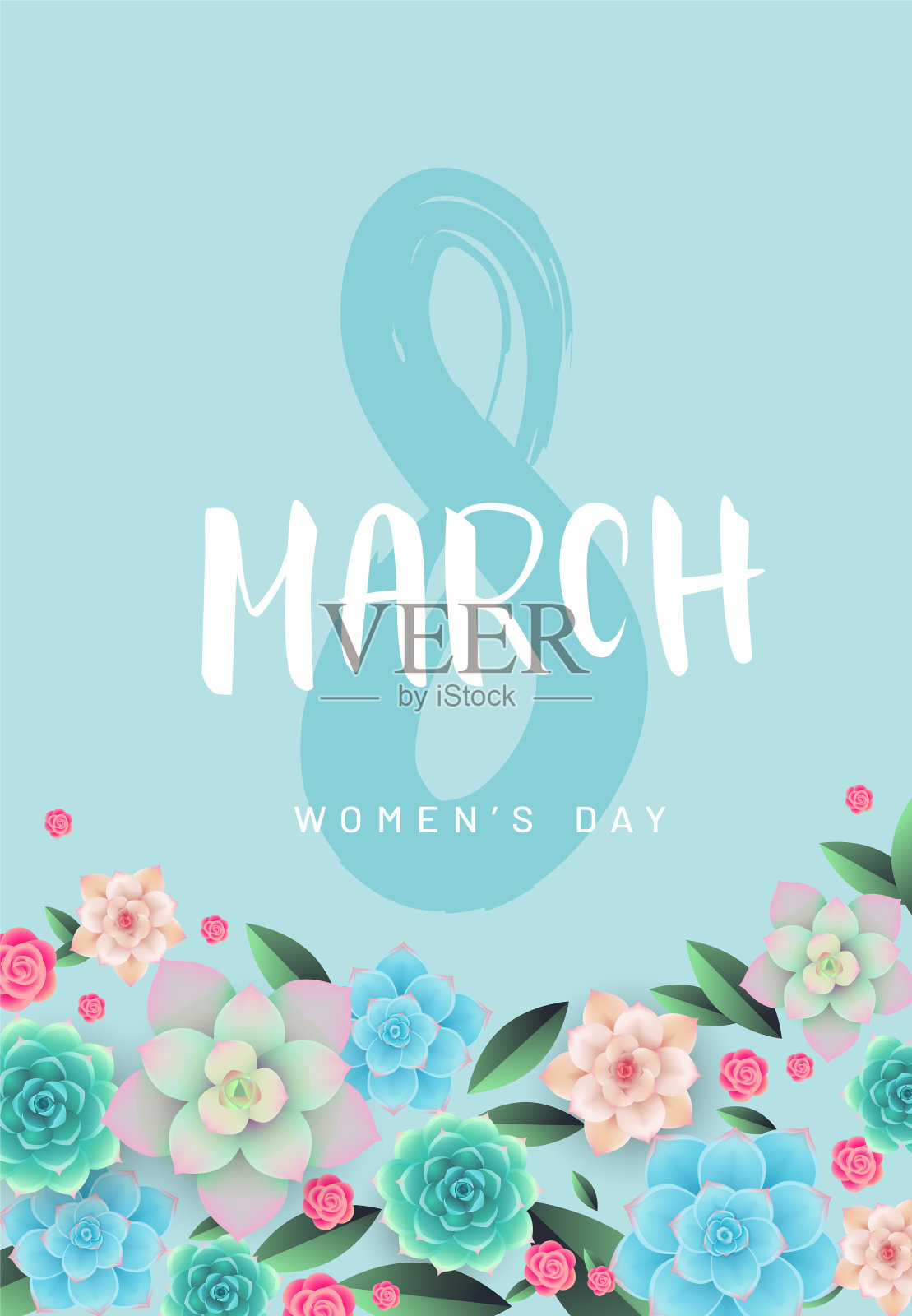 3月8日问候海报或卡片的概念。庆祝妇女节的花卉作品。蓝色背景上的花朵、叶子和多肉植物。——矢量图插画图片素材