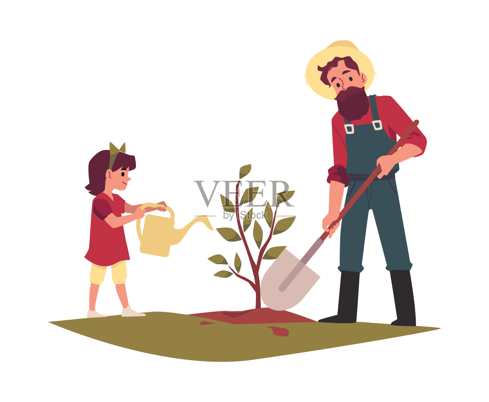 父女家庭农民植树，病媒插图孤立。插画图片素材