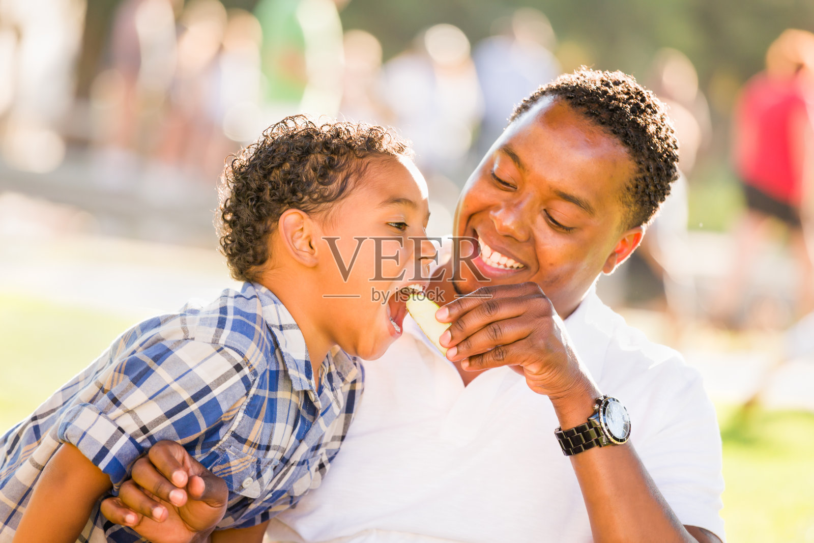非裔美国父亲和混血儿儿子在公园里吃苹果照片摄影图片