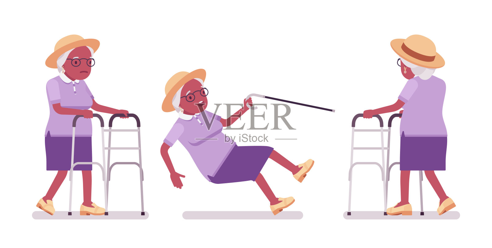 老黑人妇女，老人与医疗助行器，手杖滑插画图片素材