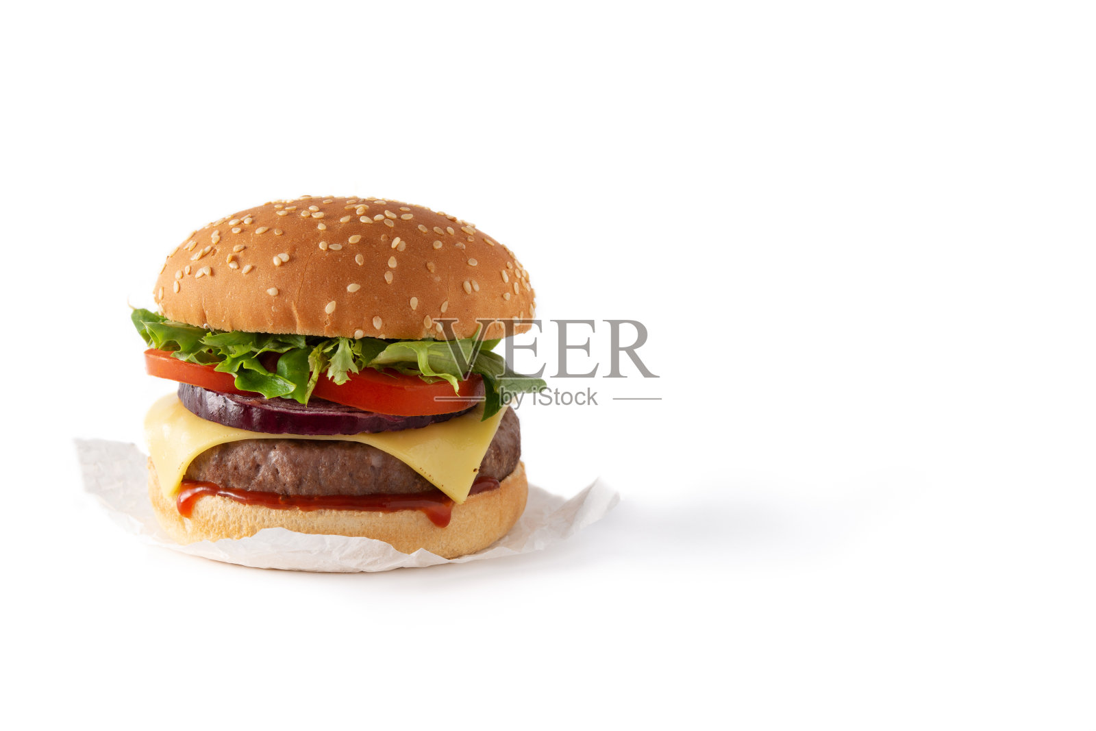 芝士汉堡加牛肉，番茄，生菜和洋葱照片摄影图片