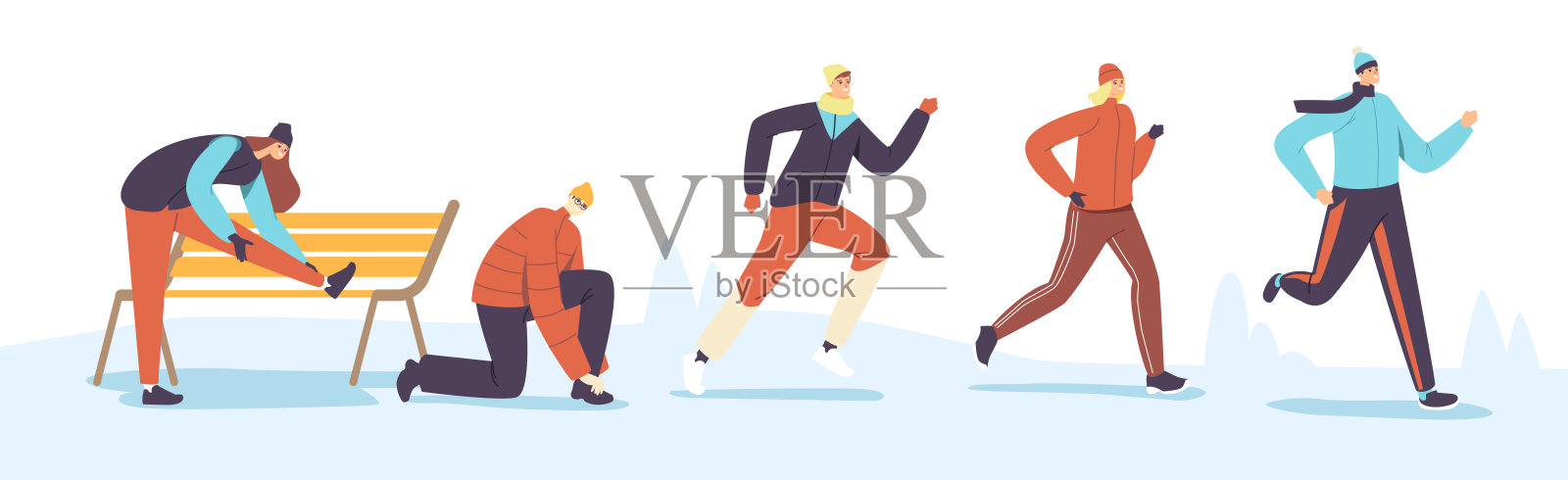 字符冬季跑步。慢跑运动的竞争。运动员，短跑运动员，男女运动员在寒冷的季节比赛插画图片素材
