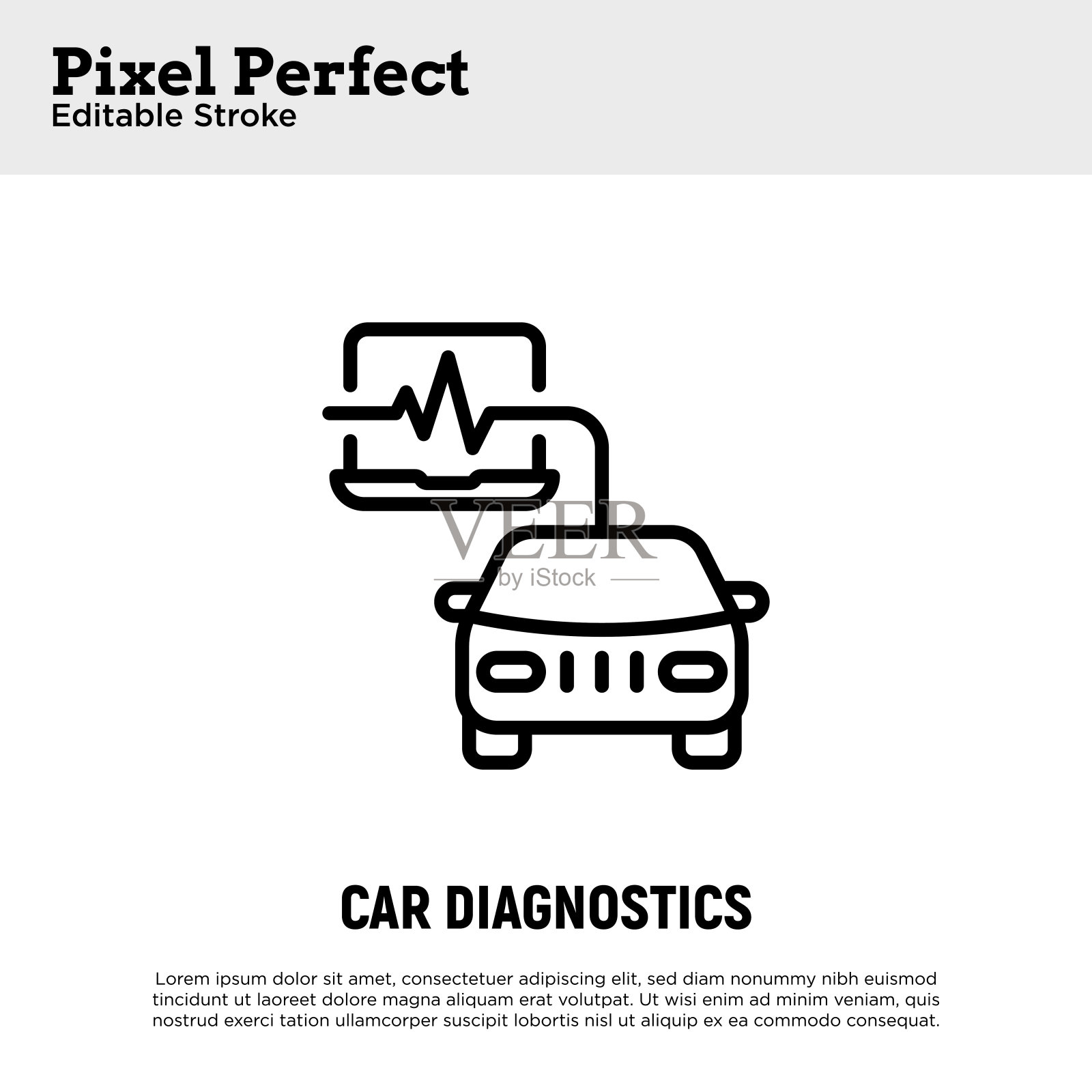 汽车服务:汽车电脑诊断细线图标。像素完美，可编辑的笔触。矢量插图。插画图片素材