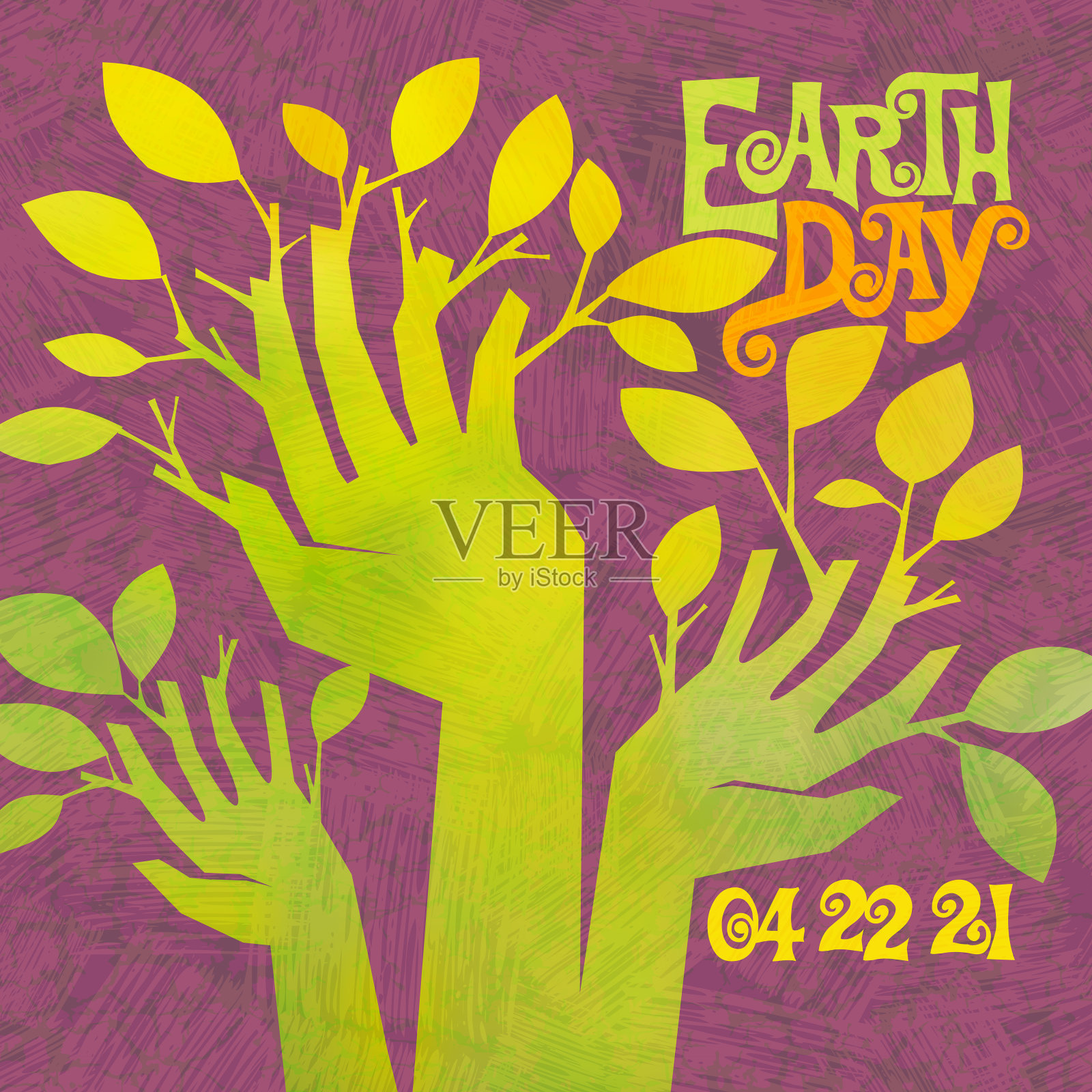 地球日的复古设计，举起手发芽的树枝和树叶。插画图片素材