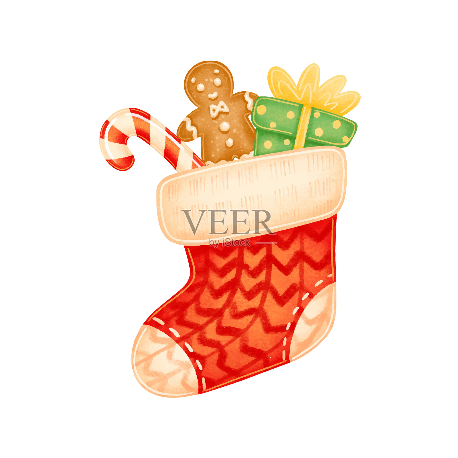 插图可爱的卡通红色圣诞袜与礼物孤立在白色的背景插画图片素材