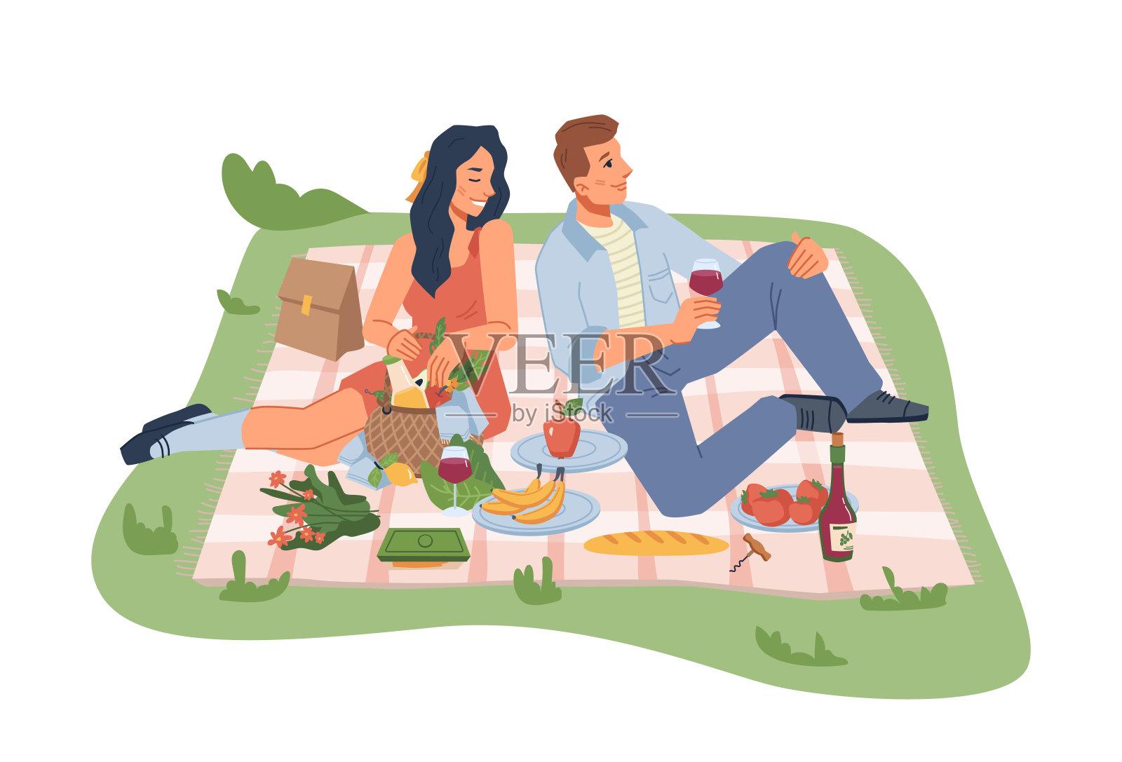 野餐大自然，男人和女人坐在毯子上，用酒，水果和蔬菜孤立扁平的卡通人。向量年轻的家庭轿休息在公园或花园，篮子与产品，蔬菜插画图片素材