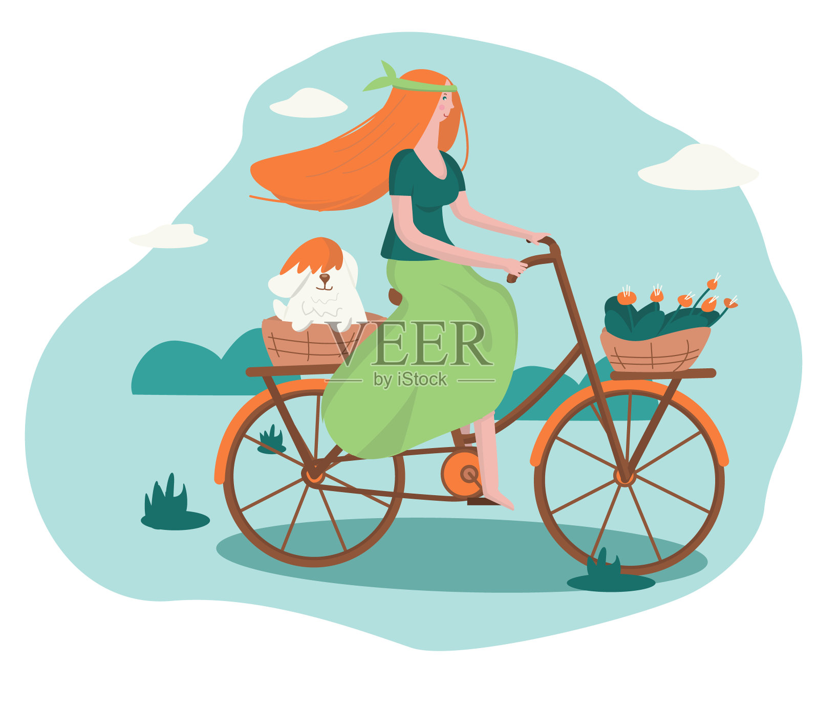 长着红头发的女孩骑着一辆自行车，带着狗和植物。矢量插图的印刷，网，polygraphy等插画图片素材