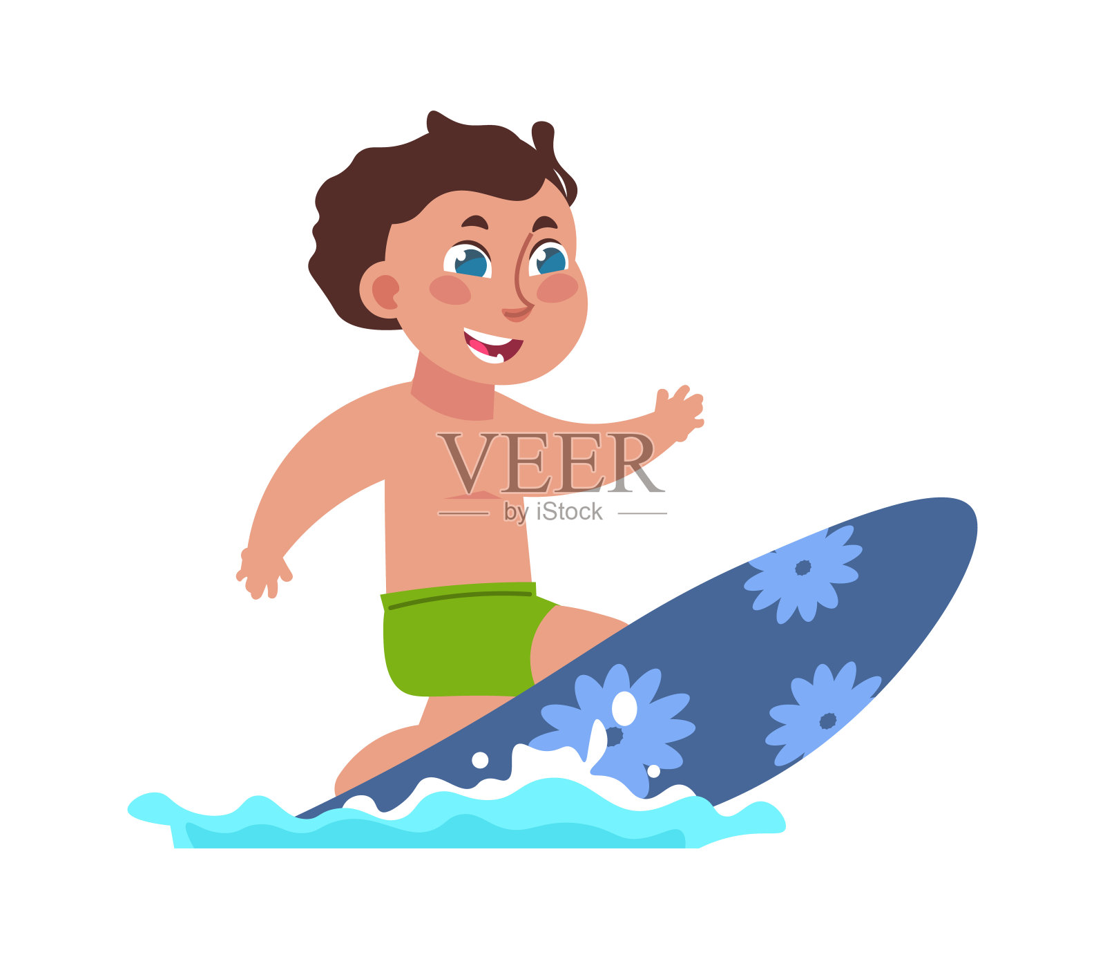 孩子上网。男孩在冲浪板上冲浪。极端的水上运动。在海滩积极的消遣。暑假娱乐休闲活动。矢量青少年在泳衣与冲浪板插画图片素材