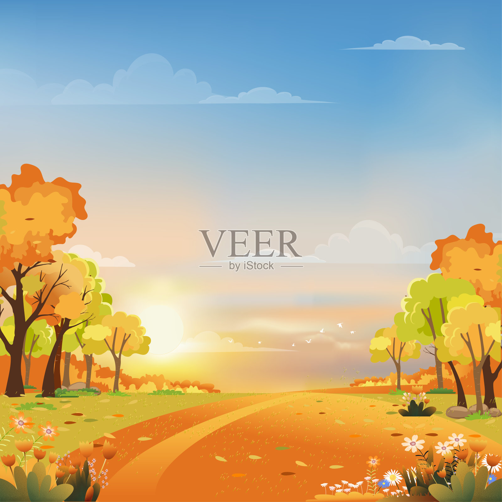 秋季景观仙境森林与草地，中秋自然与枫叶落在橙色的树叶，秋季与美丽的全景日落与粉红色，橙色和蓝色的天空插画图片素材