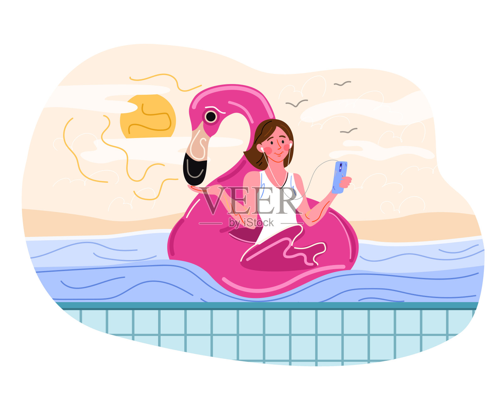 年轻的女性角色正在游泳池里放松插画图片素材