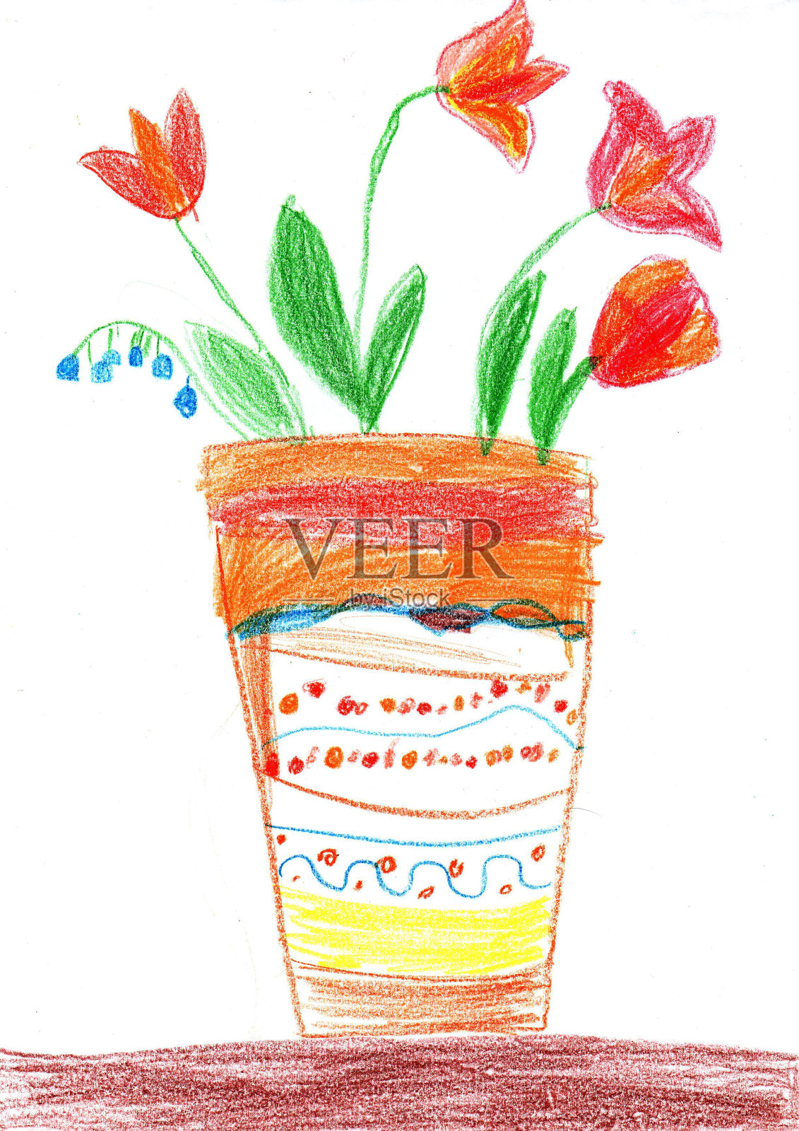 孩子们画一束花。儿童风格的铅笔艺术插画图片素材