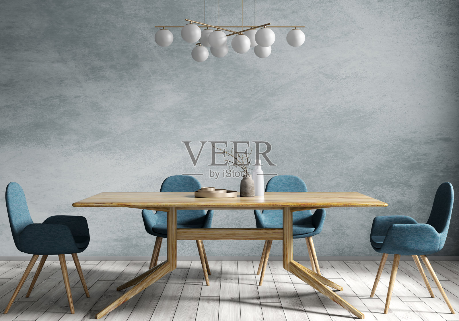 现代餐厅的室内设计，木桌和蓝色椅子的3d渲染照片摄影图片