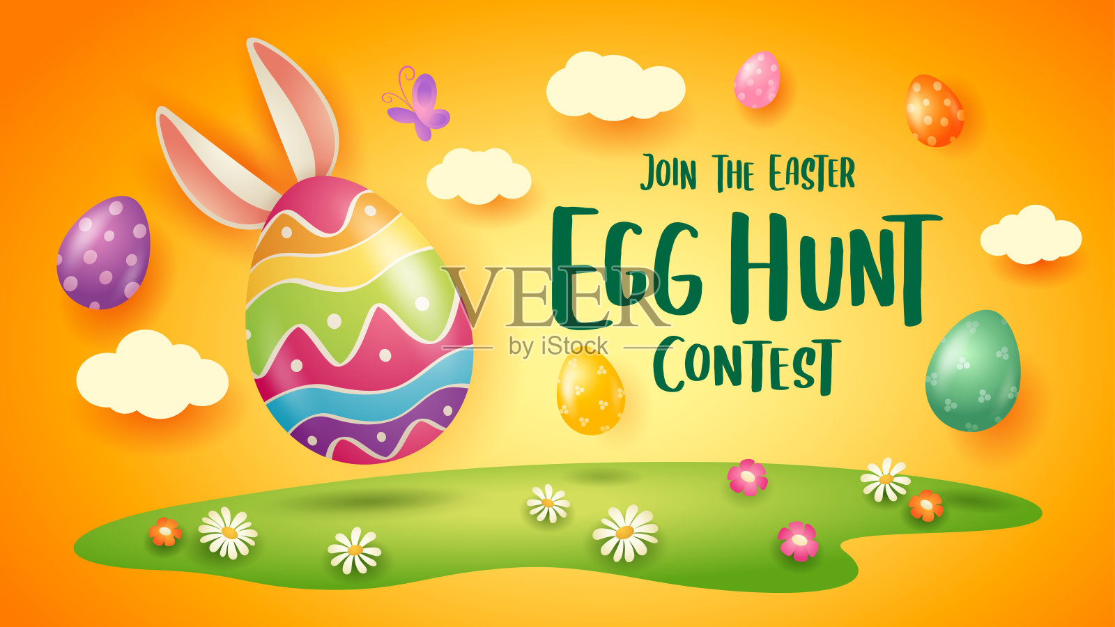 复活节找蛋比赛快乐。复活节的背景与兔子和蛋在草地上。插画图片素材