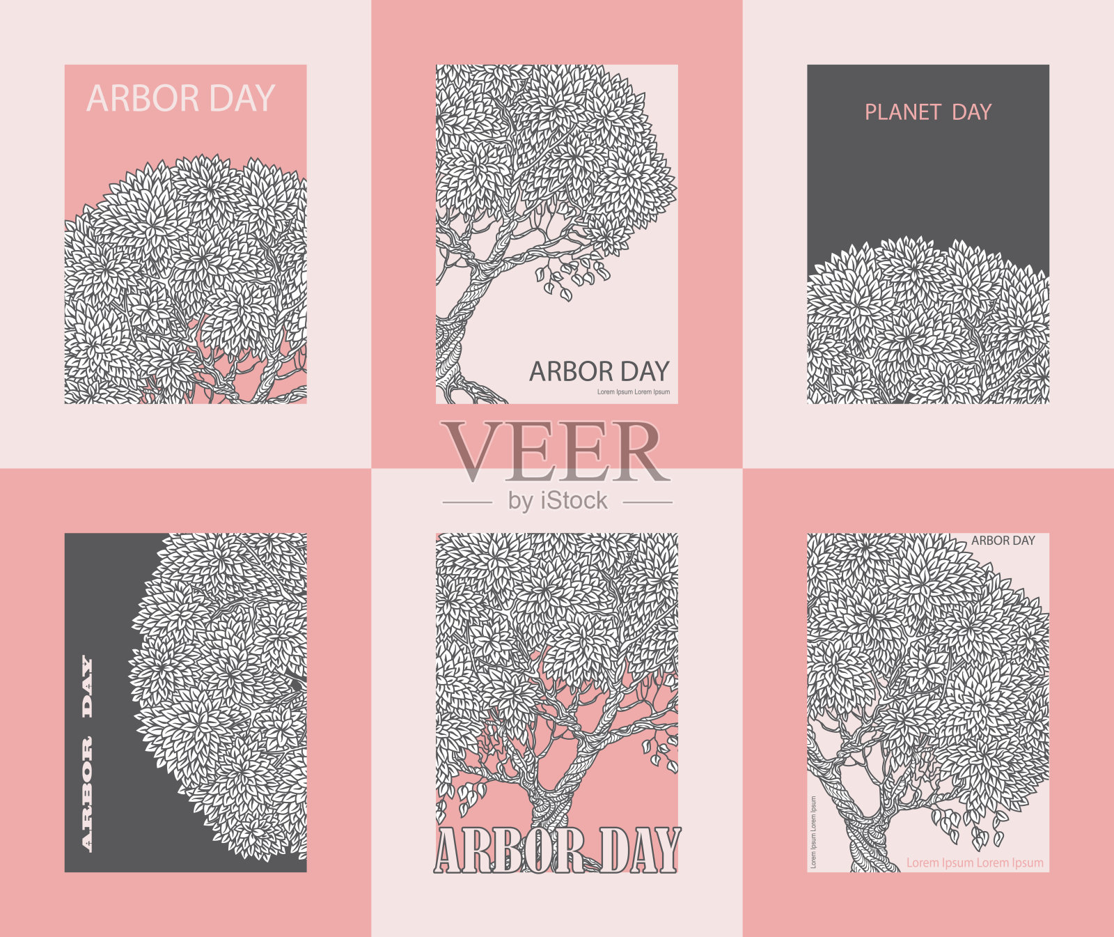 一套向量植树节问候和邀请卡与灰色的树木树叶轮廓涂鸦素描在粉红色和米色的背景。地球日打印插画图片素材